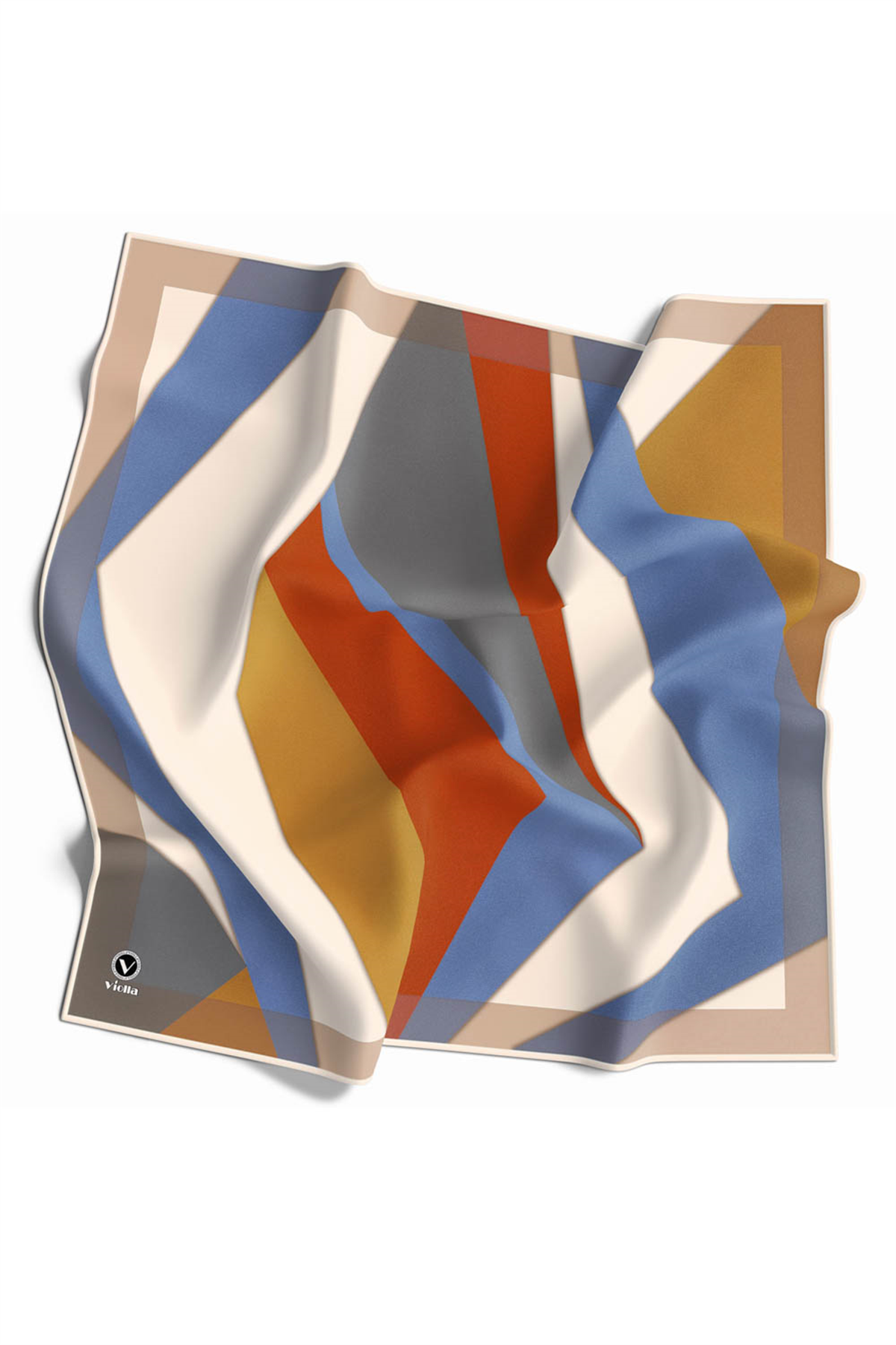 Twill Geometrik Desenli Taba - İndigo Renkli 90x90 Eşarp (İpek İçermez) Dikim Şekli : El Dikişi