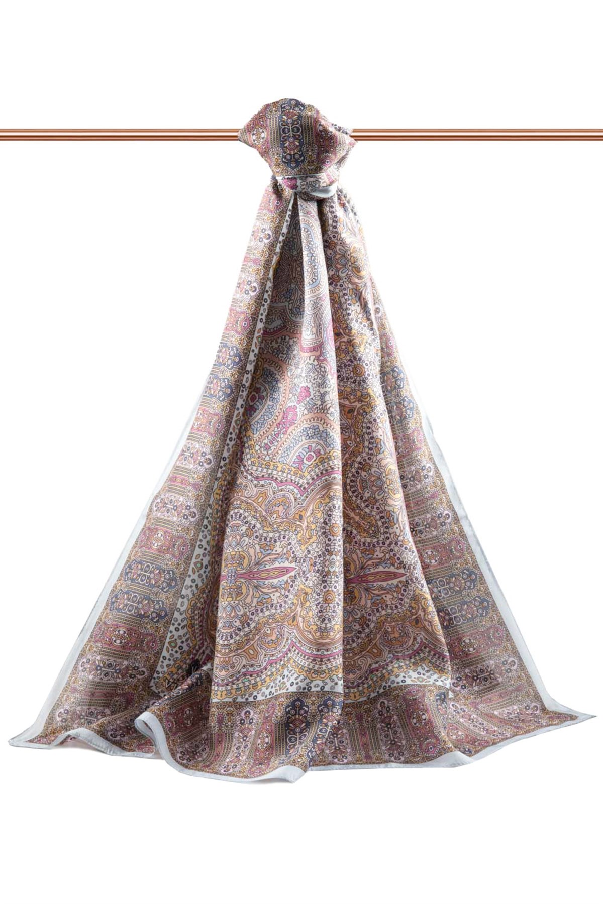 100% İpek Etnik Desenli Bebe Mavisi - Pudra Renkli 92x210 Şal