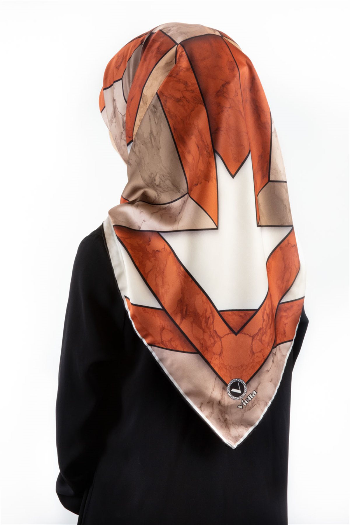 Twill Mermer Desenli Taba - Bej Renkli 90x90 Eşarp (İpek İçermez) Kenar Dikiş Şekli El Dikişli