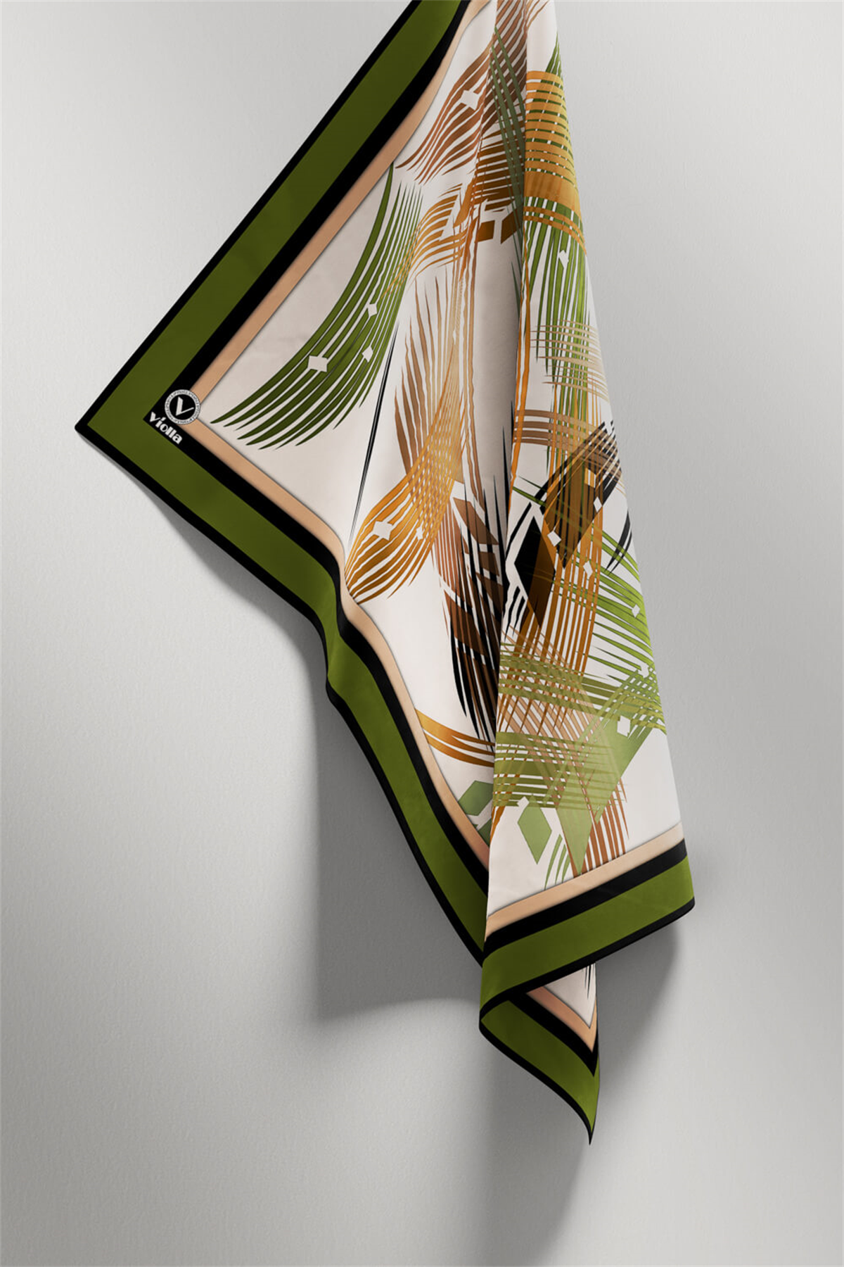 Twill Geometrik Desenli Haki - Hardal Renkli 90x90 Eşarp (İpek İçermez) Kenar Dikiş Şekli El Dikişli