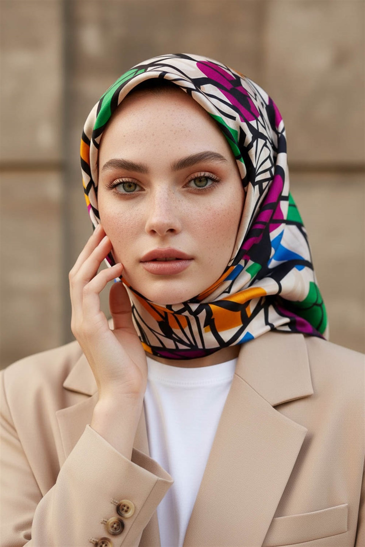 %100 Twill Renkli Petek Desenli Fuşya - Benetton Yeşili Renkli 90x90 Eşarp Dikim Şekli: El Dikişii