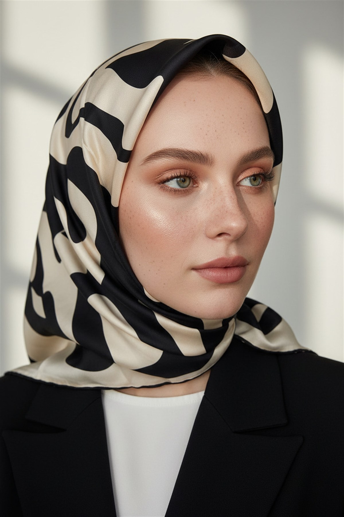 100% Twill İpek Dalga Desenli Siyah - Krem Renkli 90x90 Dikim Şekli : El Dikişi Eşarp