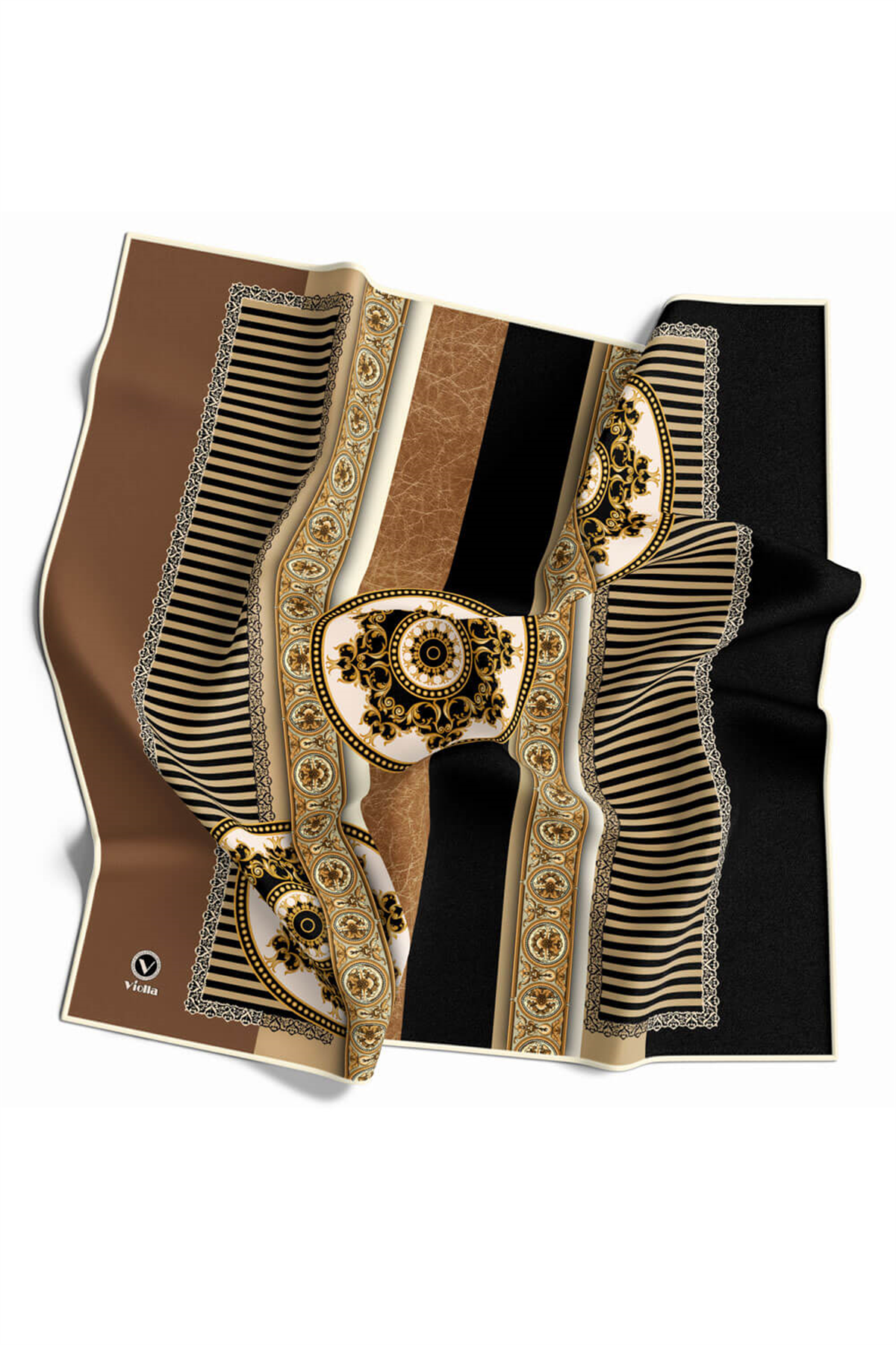 Twill Çizgili ve Barok Desenli Bej Renkli 90x90 Eşarp (İpek İçermez) Kenar Dikiş Şekli El Dikişli