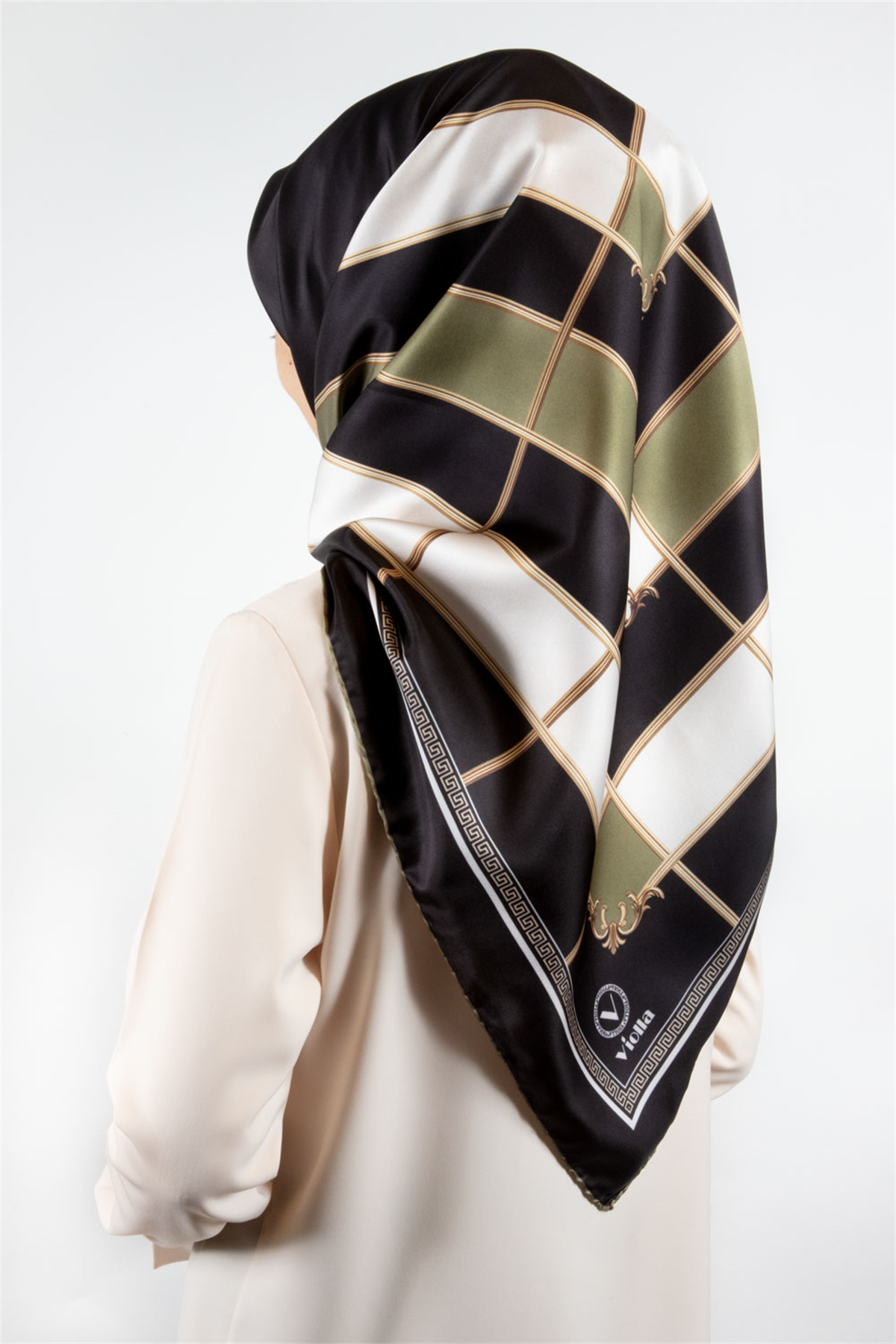 Twill Gold Detaylı Kareli Desenli Haki Renkli 90x90 Eşarp (İpek İçermez) Kenar Dikiş Şekli El Dikişli