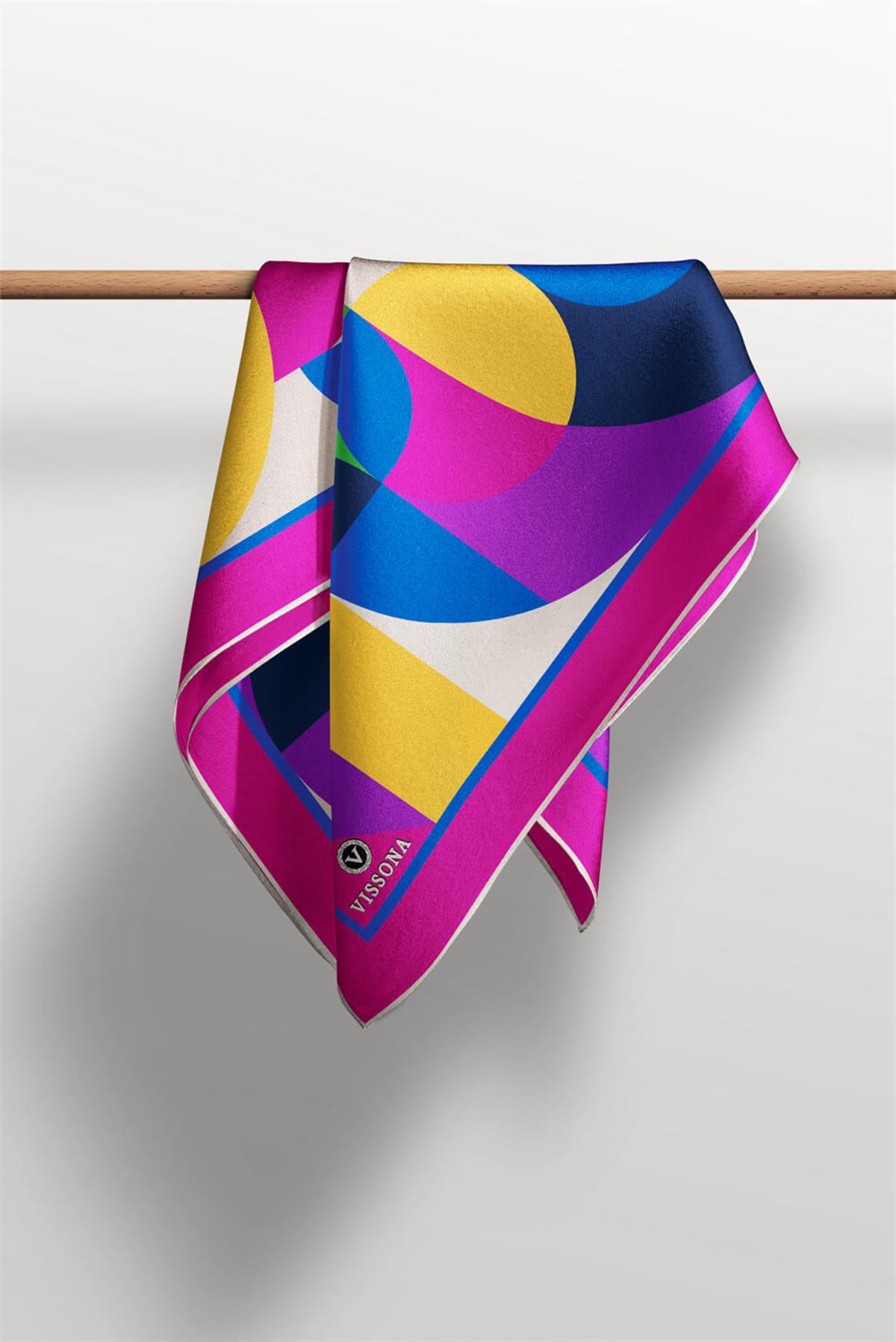 %100 Twill Renk Bloklu Çizgili Desenli Fuşya - Saks Renkli 90x90 Eşarp Dikim Şekli: El Dikişii