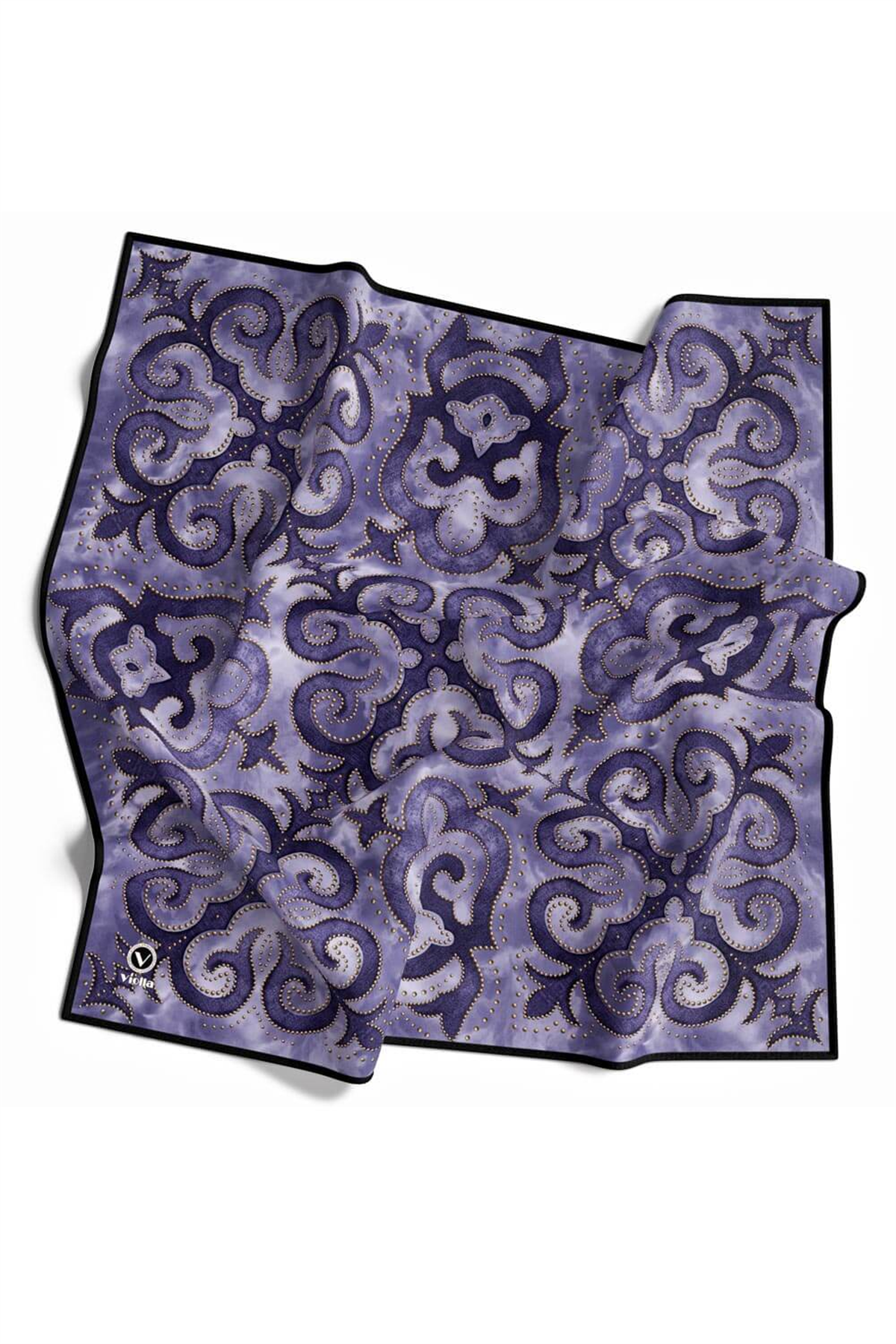 Twill Barok Desenli Lacivert Renkli 90x90 Eşarp (İpek İçermez) Kenar Dikiş Şekli El Dikişli