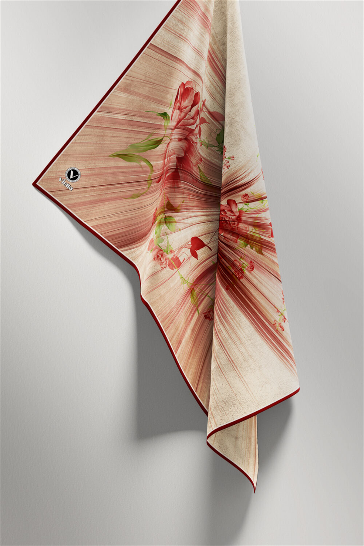 Twill Çiçekli Desenli Bordo Renkli 90x90 Eşarp (İpek İçermez) Kenar Dikiş Şekli El Dikişli
