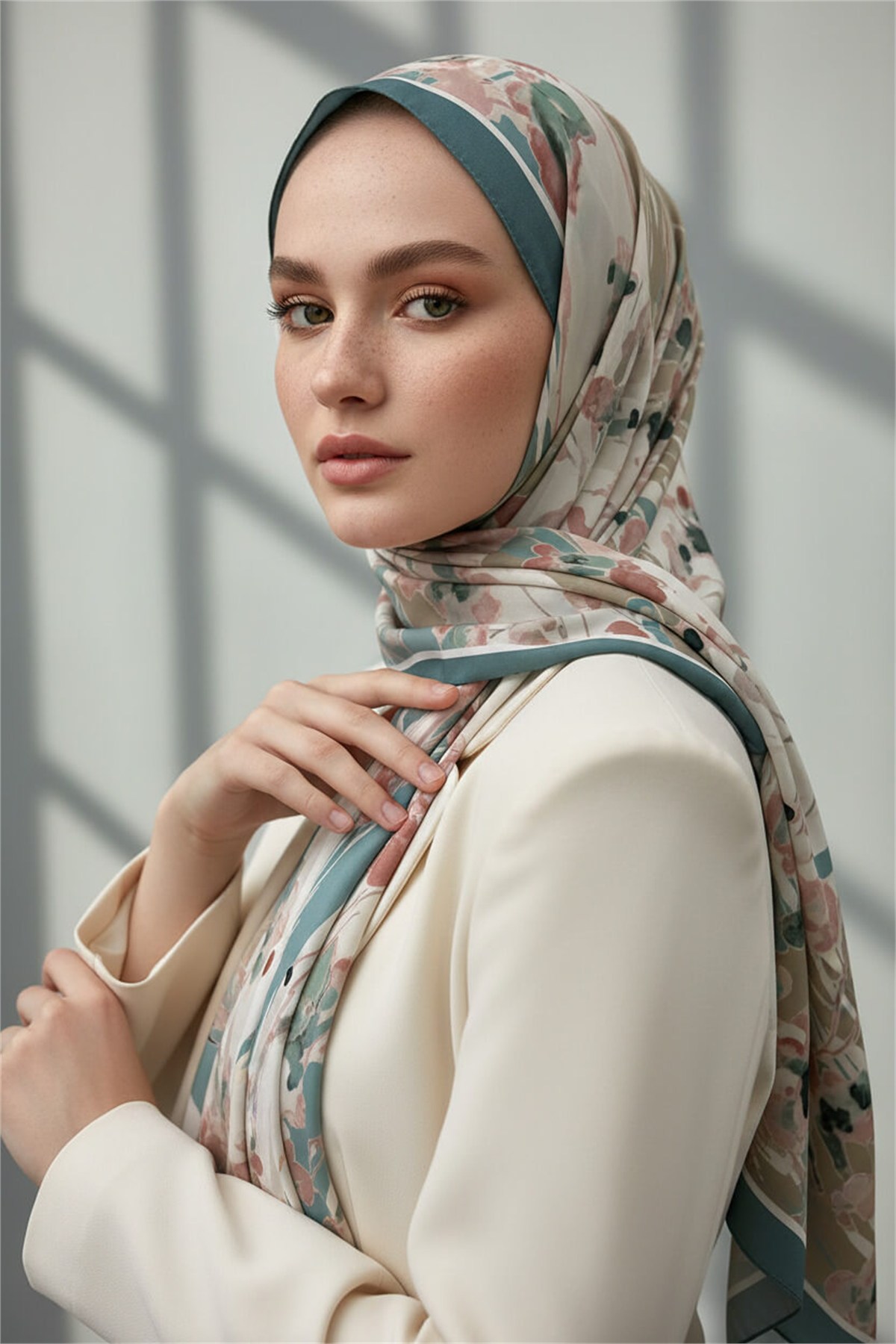 KREP BAHAR DALI DESENLİ KOYU MİNT YEŞİLİ RENKLİ 75X195 KIRIŞMAZ ŞAL