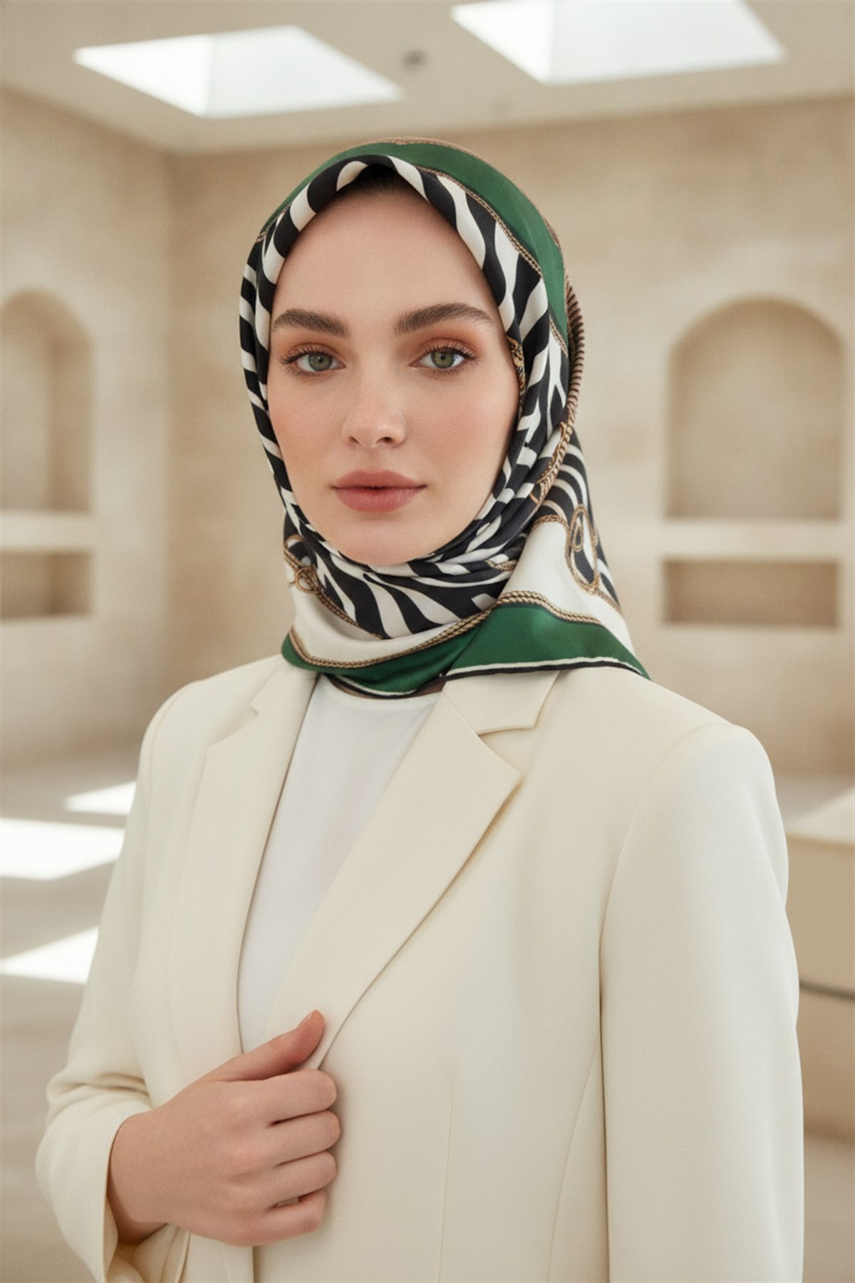 %100 Twill İpek Zincirli Ve Zebra Desenli Zümrüt Yeşili - Vizon Renkli 90x90 Eşarp Dikim Şekli : El Dikişi