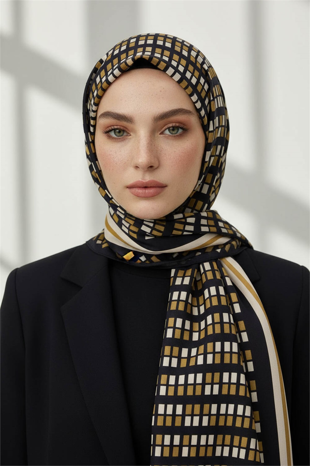 KREP KARE DESENLİ GOLD RENKLİ 75X195 KIRIŞMAZ ŞAL
