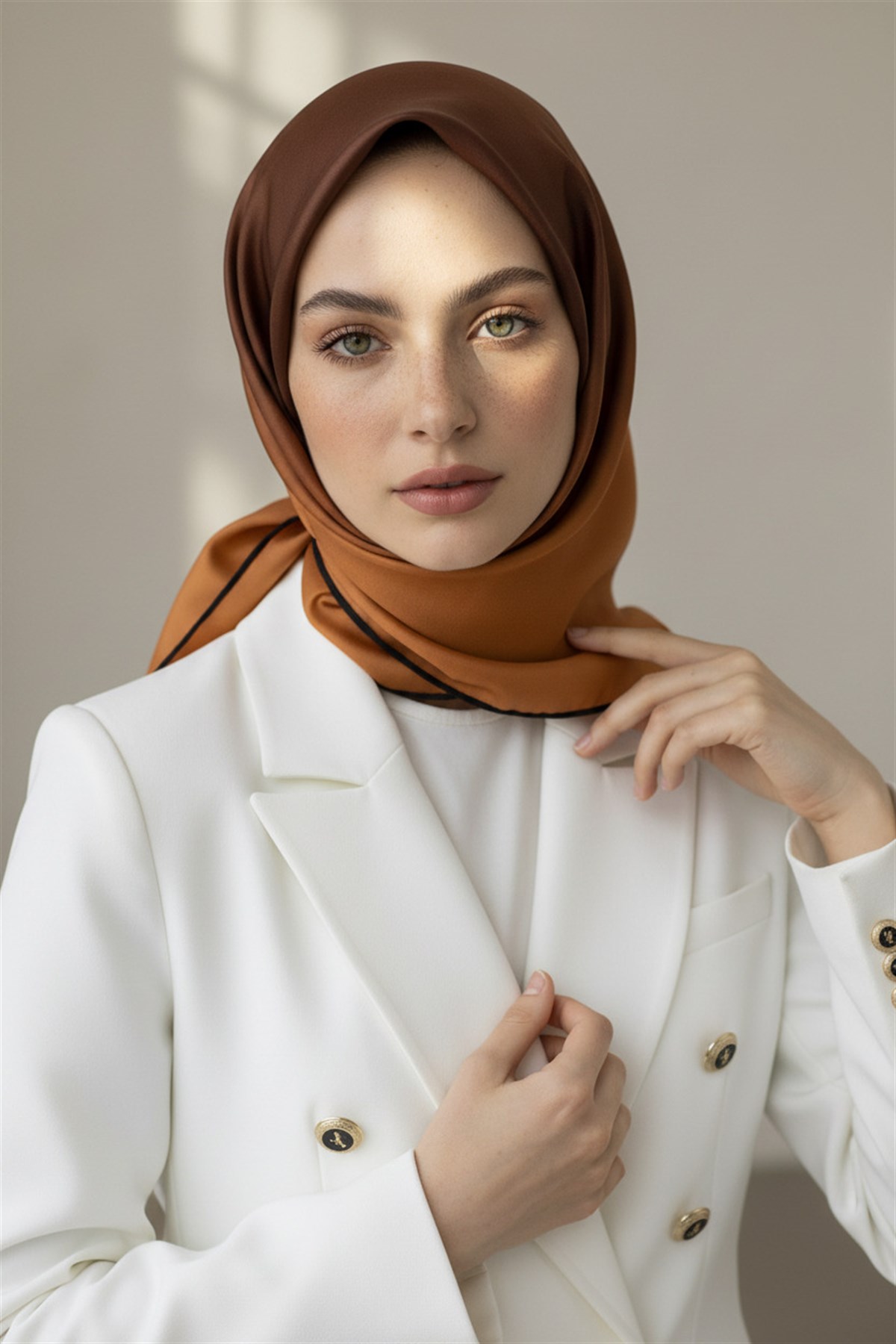 %100 Twill İpek Degrade Desenli Taba Renkli 90x90 Eşarp Dikim Şekli : El Dikişi
