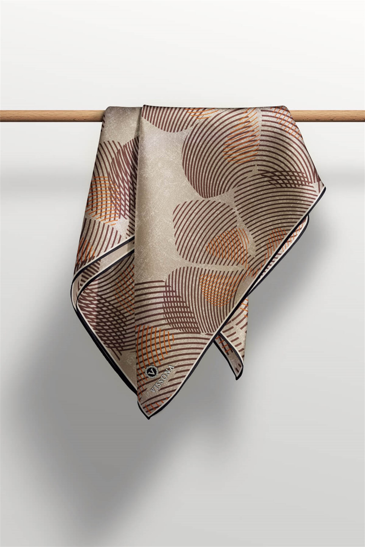 %100 Twill İpek Çizgili Çiçek Desenli Vizon - Taş Renkli 90x90 Eşarp Dikim Şekli : El Dikişi