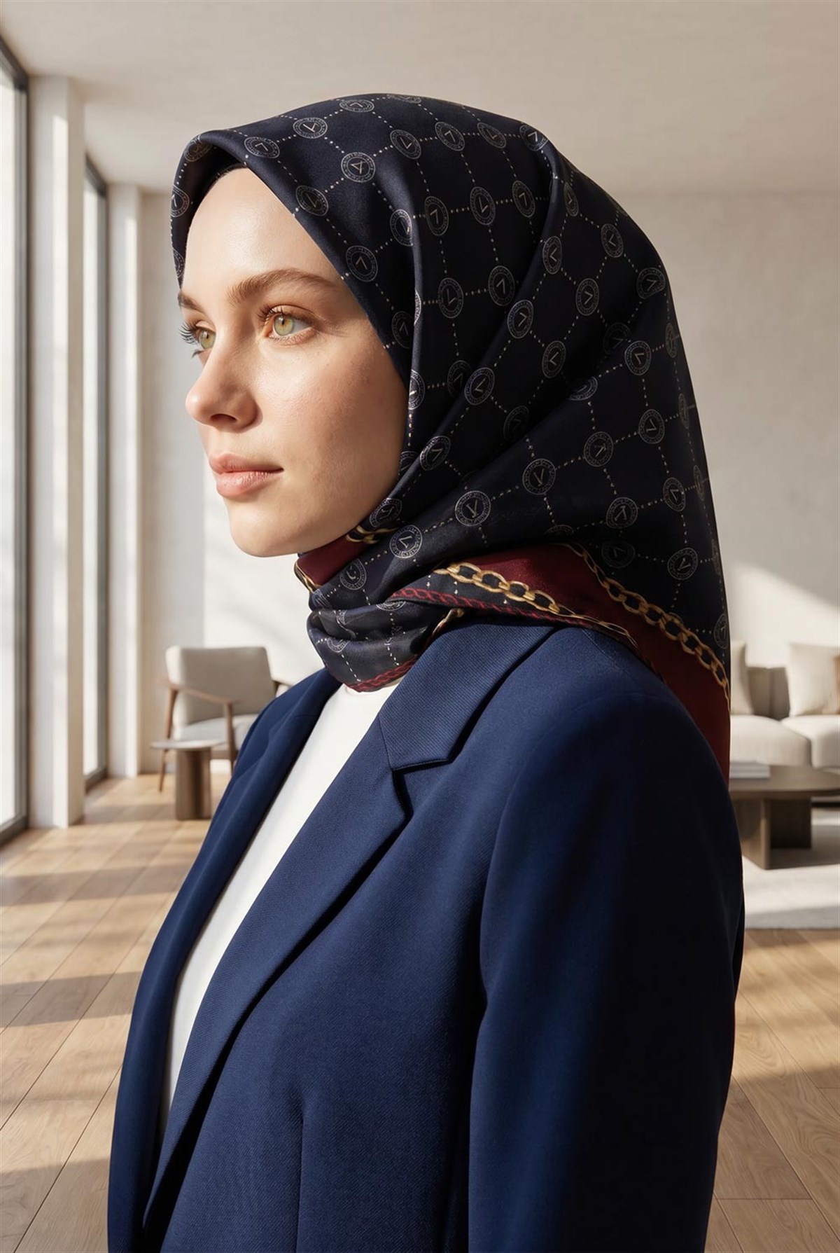 %100 Twill İpek Zincirli Ve Monogram Desenli Lacivert - Bordo Renkli 90x90 Eşarp Dikim Şekli : El Dikişi