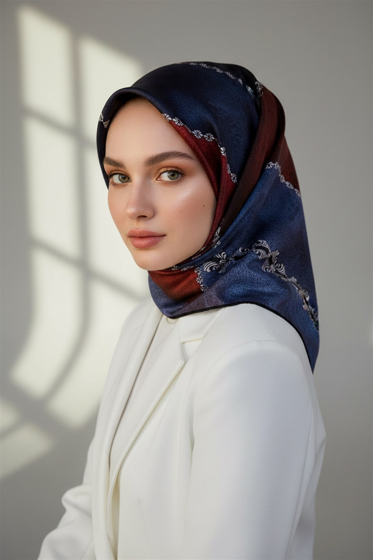 %100 Twill İpek Geometrik Desenli İndigo - Bordo Renkli 90x90 Eşarp Dikim Şekli : El Dikişi