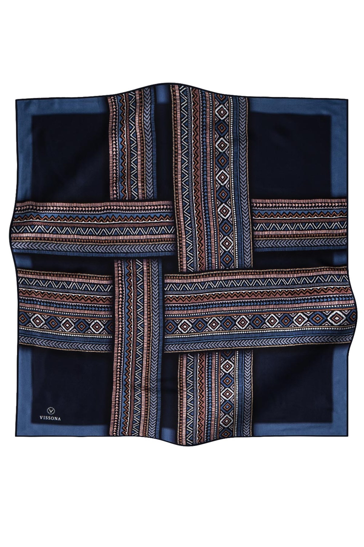 %100 Twill İpek Etnik Desenli İndigo - Lacivert Renkli 90x90 Eşarp Dikim Şekli : El Dikişi