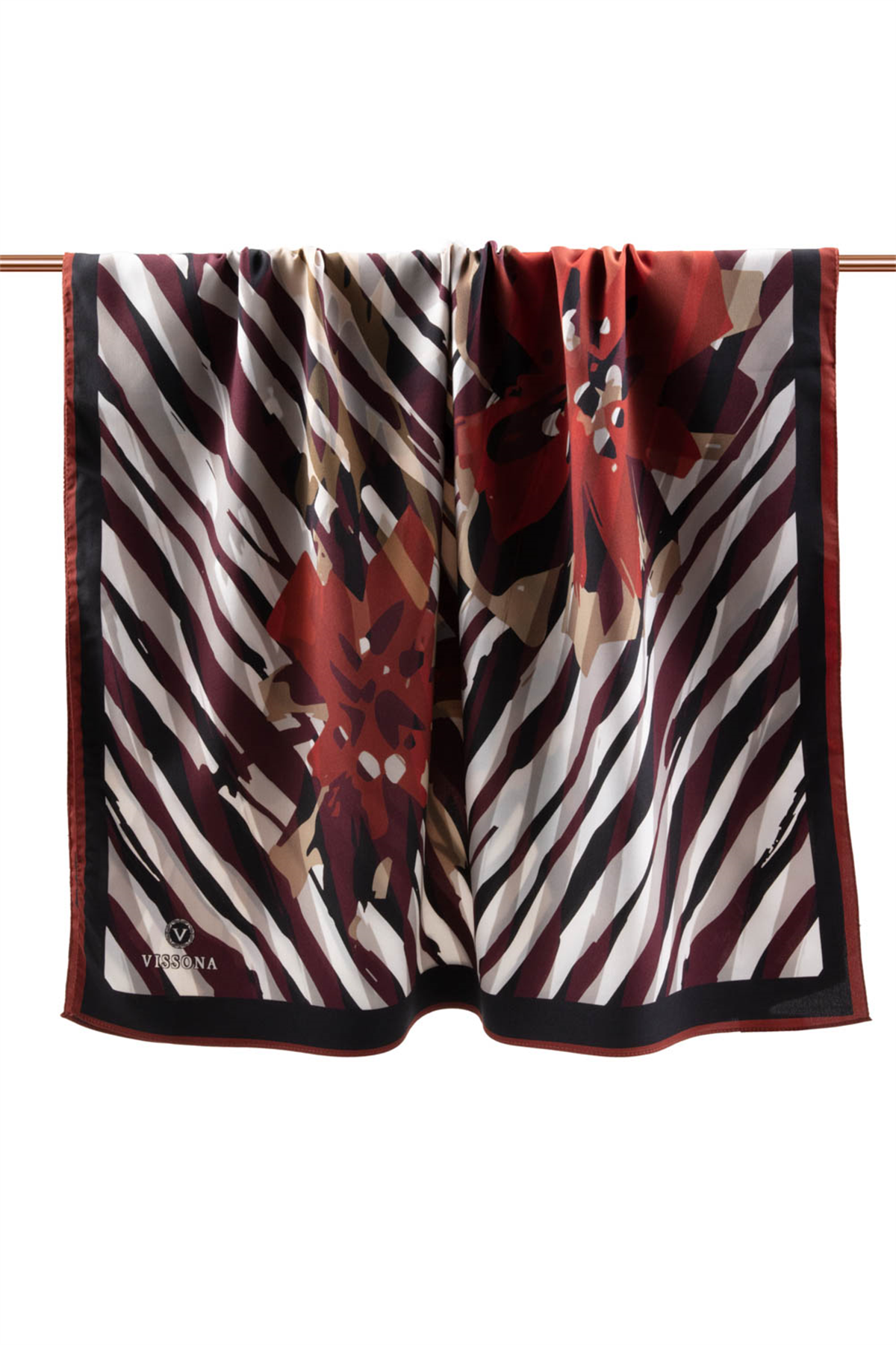 LÜKS MEDİNE İPEĞİ ZEBRA VE ÇİÇEK DESENLİ BORDO RENKLİ 75X195 KIRIŞMAZ ŞAL MOSS KREP DİKİŞ TİPİ İTALYAN DİKİŞLİ