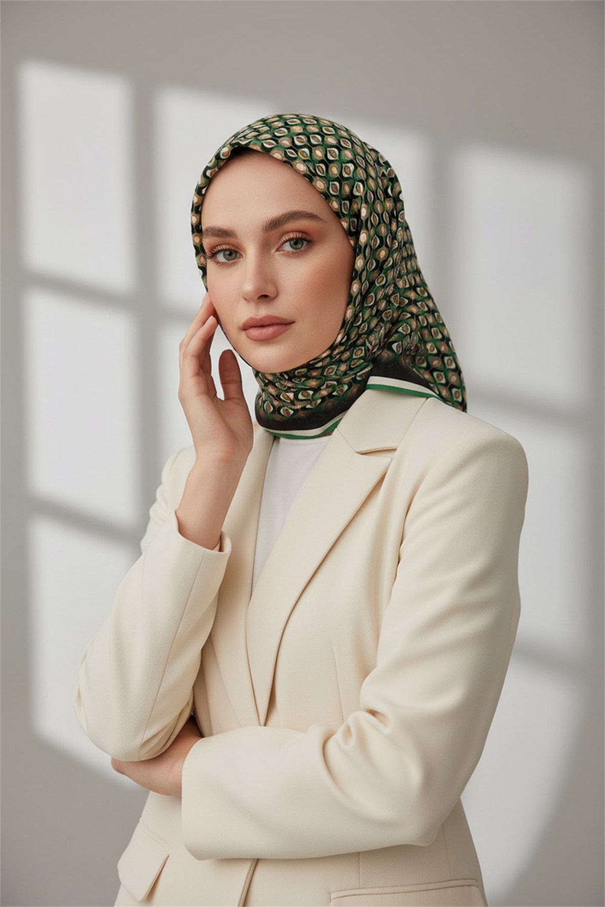 Twill Çıtır Desenli Petrol Yeşili Renkli 90x90 Eşarp (İpek İçermez) Kenar Dikiş Şekli El Dikişli