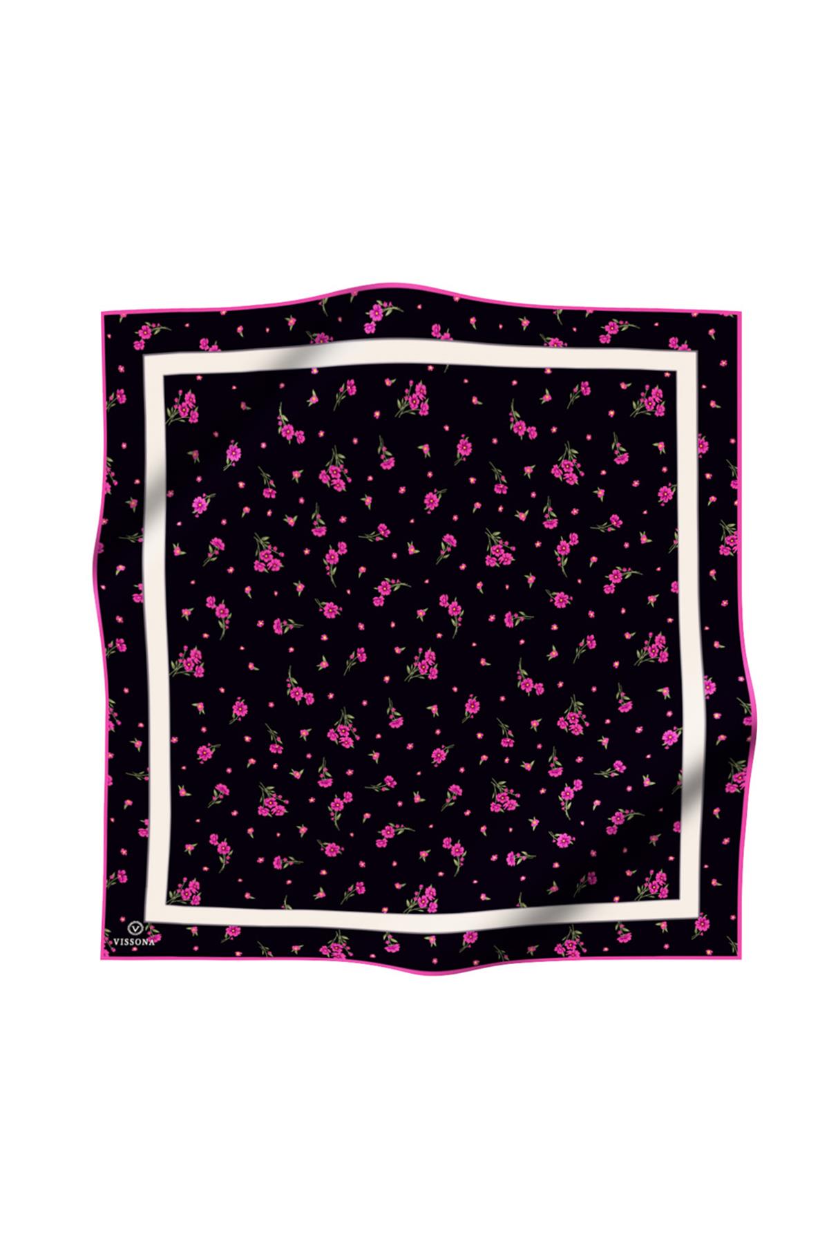 100% Twill İpek Bordürlü Çıtır Çiçek Desenli Siyah - Fuşya Renkli 90x90 Dikim Şekli : El Dikişi Eşarp