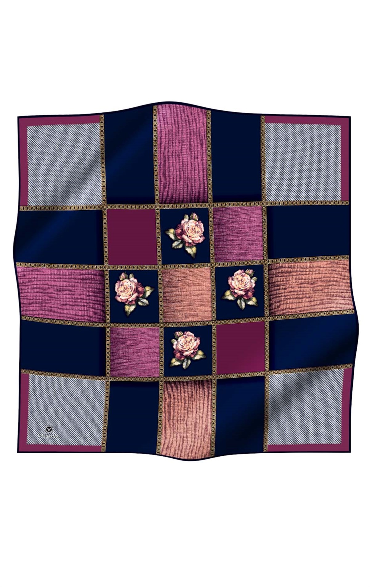 %100 Twill İpek Dokulu Çiçekli Ve Geometrik Desenli Lacivert - Mürdüm Renkli 90x90 Eşarp Dikim Şekli : El Dikişi