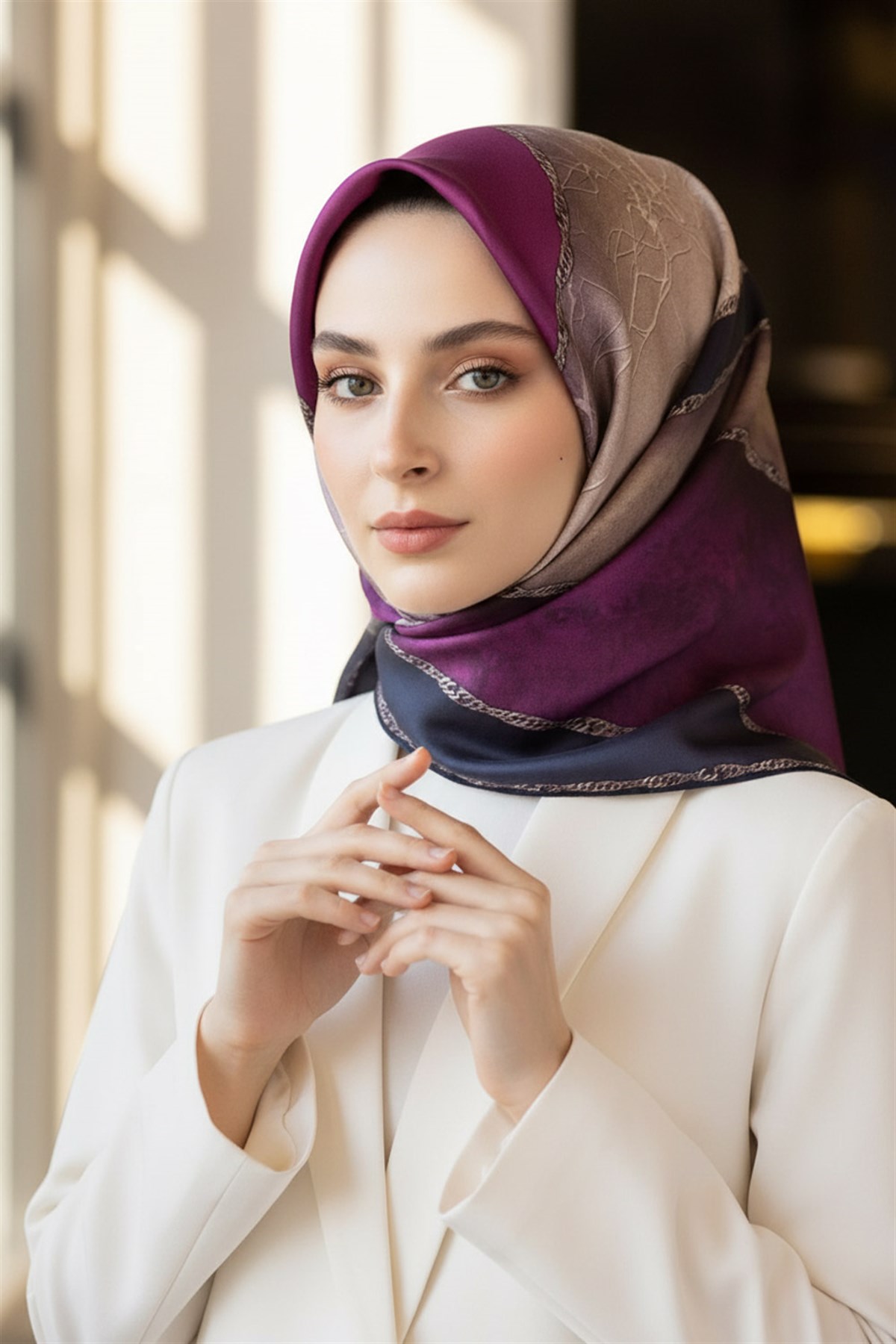 %100 Twill İpek Dokulu Geometrik Desenli Mürdüm - Lacivert Renkli 90x90 Eşarp Dikim Şekli : El Dikişi