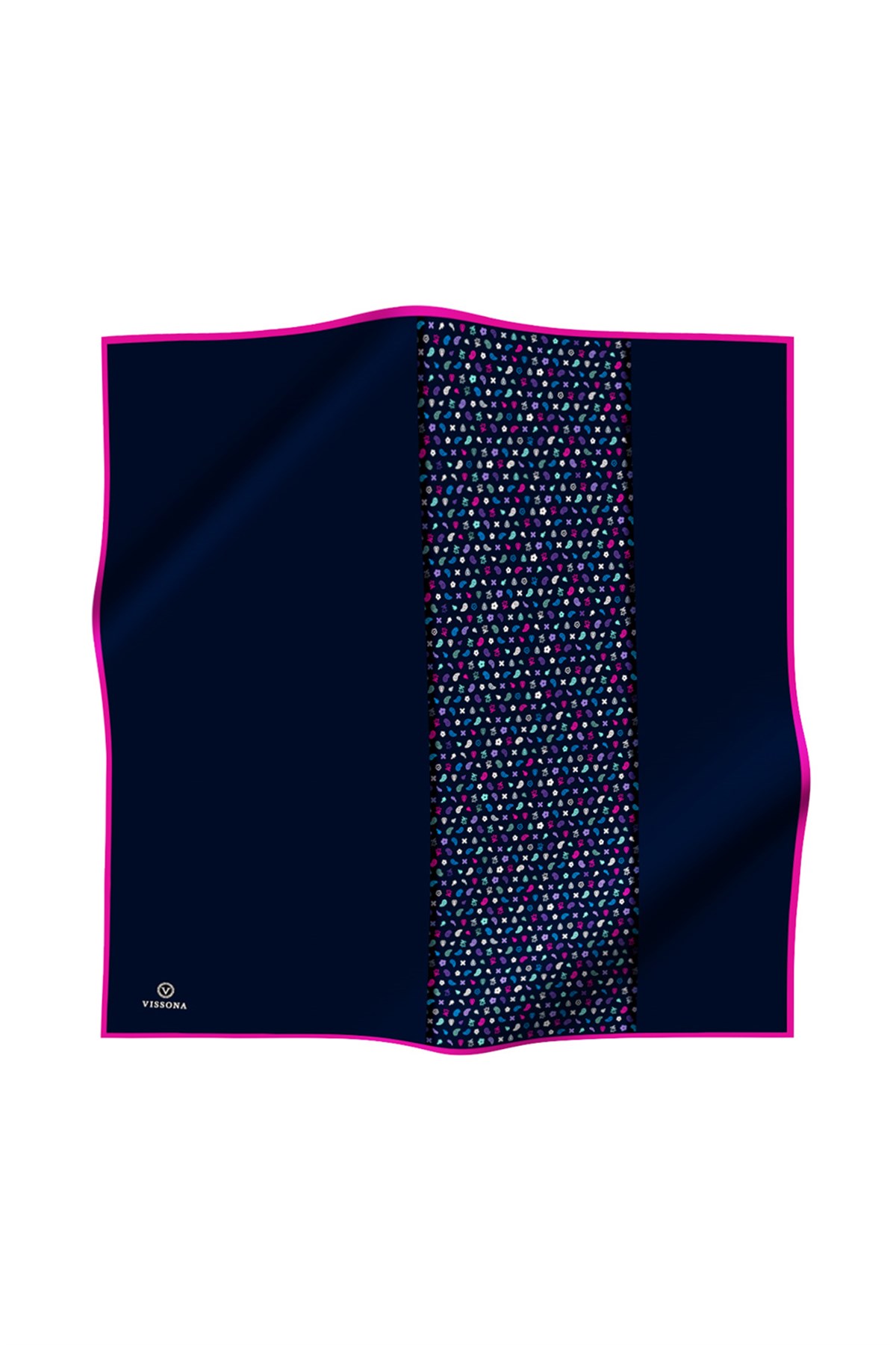 %100 Twill İpek Çıtır Şerit Desenli Lacivert - Fuşya Renkli 90x90 Eşarp Dikim Şekli : El Dikişi