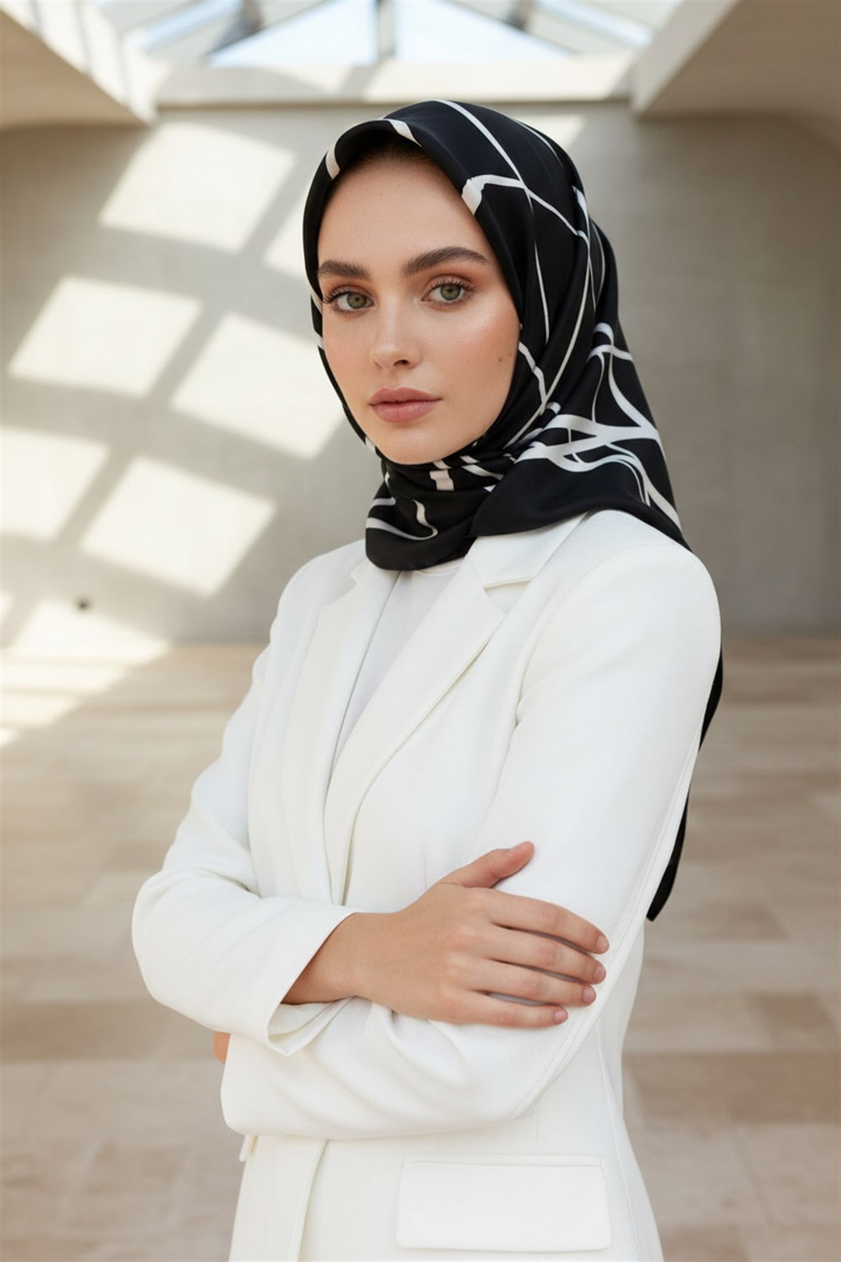%57 İPEK %43 VİSKON Twill İpek Çizgili Desenli Siyah - Beyaz Renkli 90x90 Eşarp Dikim Şekli : El Dikişi