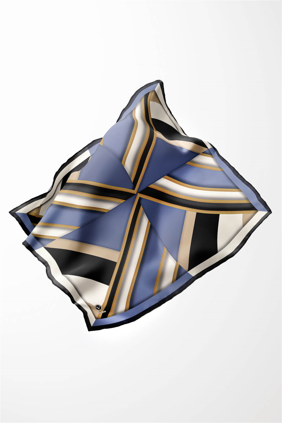 Twill Geometrik Desenli İndigo Renkli 90x90 Eşarp (İpek İçermez) Dikim Şekli : El Dikişi
