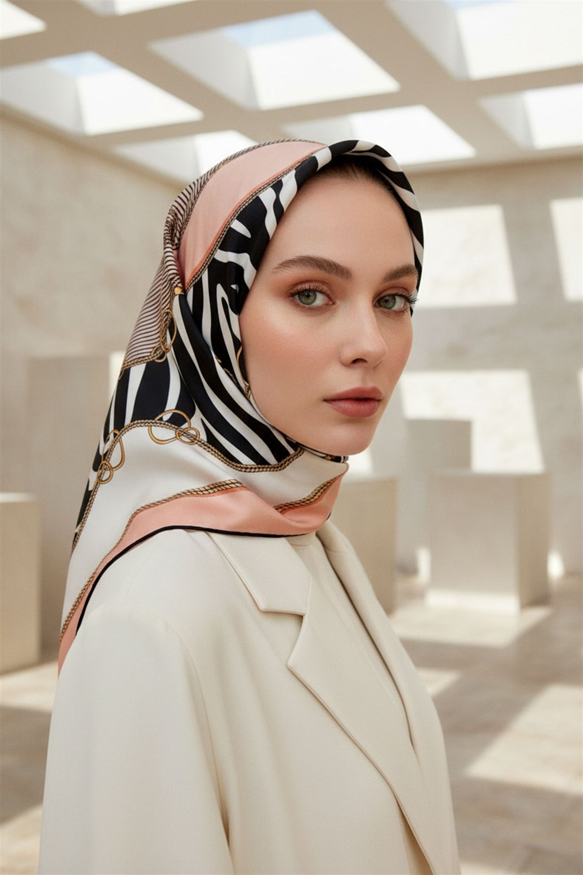 %100 Twill İpek Zincirli Ve Zebra Desenli Pudra - Krem Renkli 90x90 Eşarp Dikim Şekli : El Dikişi