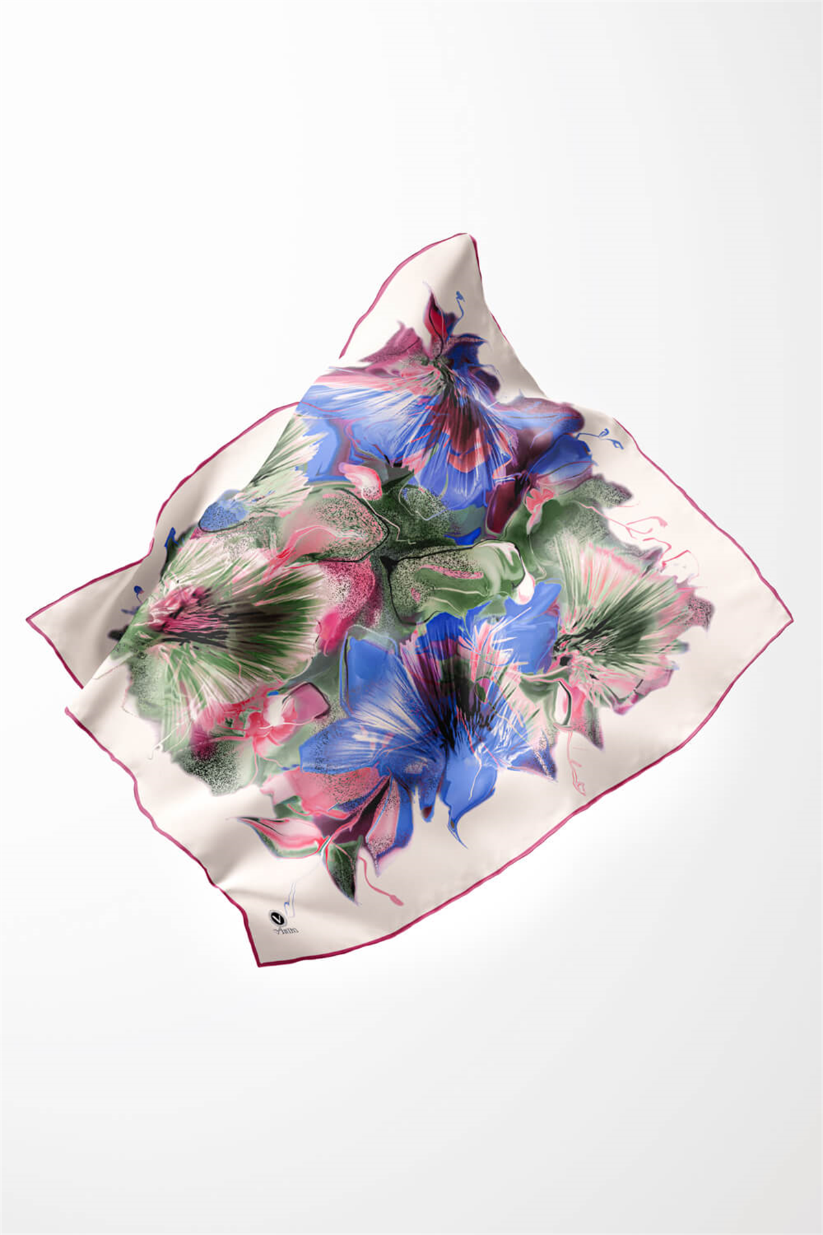 Twill Çiçek Desenli Pembe - Saks Renkli 90x90 Eşarp (İpek İçermez) Kenar Dikiş Şekli El Dikişli