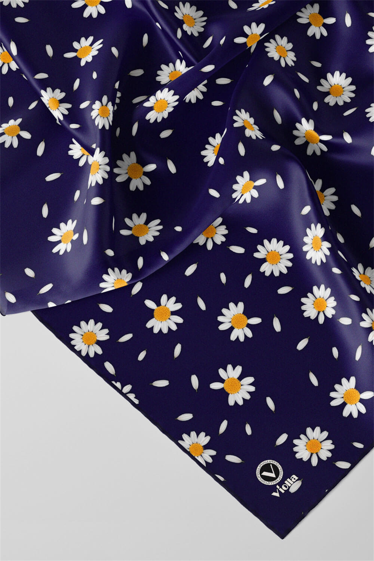 Twill Papatya Desenli Lacivert Renkli 90x90 Eşarp (İpek İçermez) Kenar Dikiş Şekli El Dikişli
