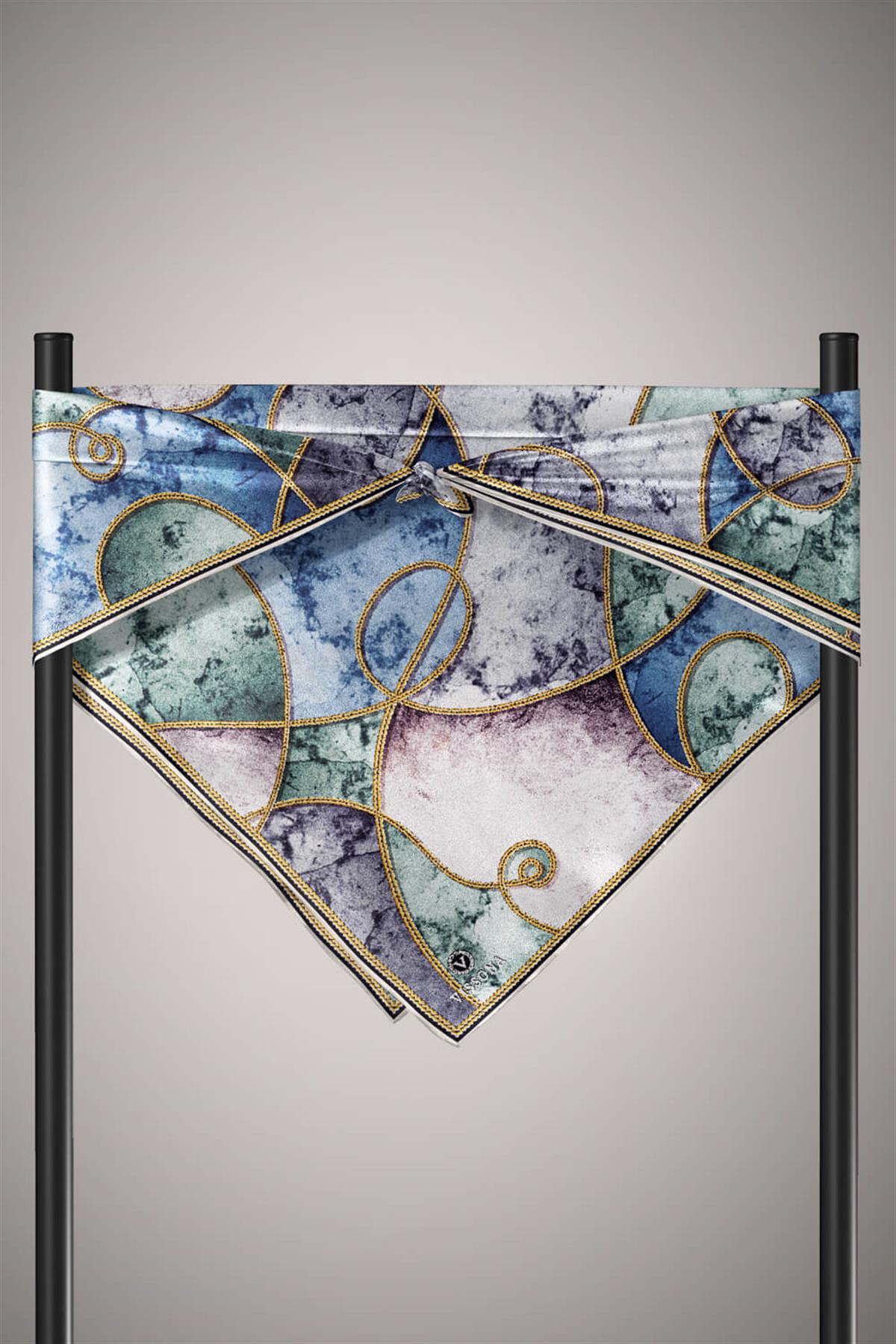 %100 Twill İpek Zincirli Mermer Desenli İndigo - Mint Yeşili Renkli 90x90 Eşarp Dikim Şekli : El Dikişi