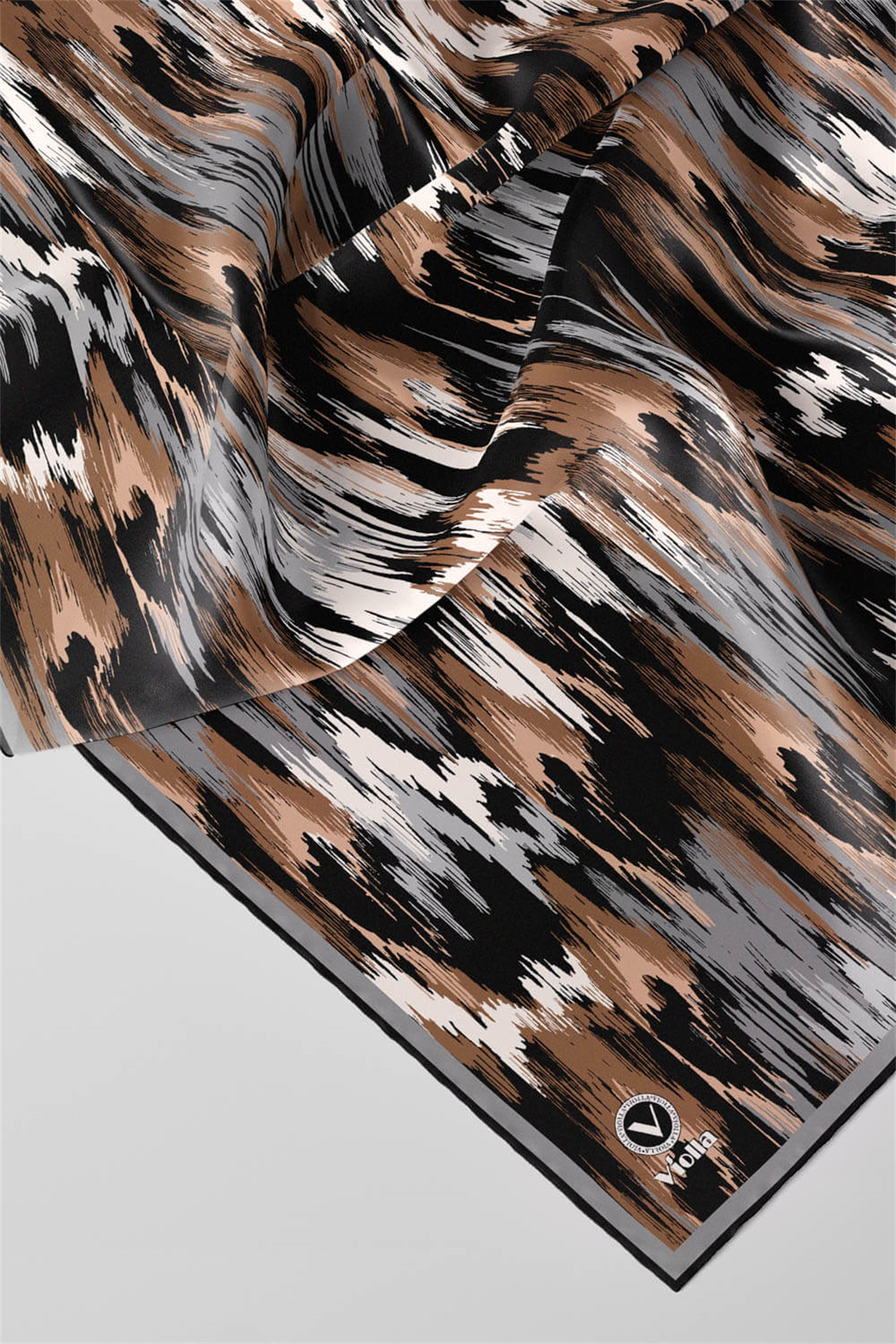 Twill Fırça Desenli Gri Renkli 90x90 Eşarp (İpek İçermez) Kenar Dikiş Şekli El Dikişli