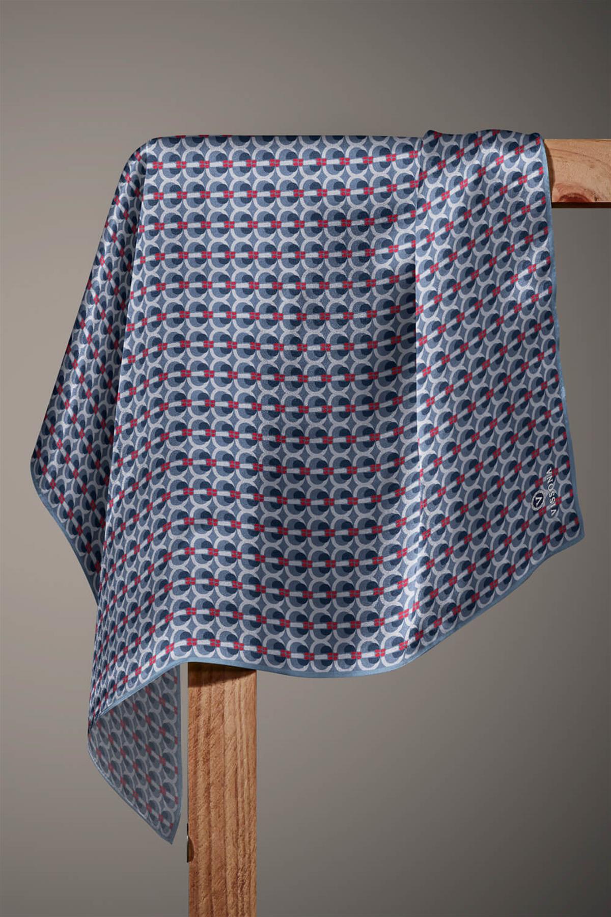 %100 Twill İpek Geometrik Desenli İndigo - Bordo Renkli 90x90 Eşarp Dikim Şekli : El Dikişi