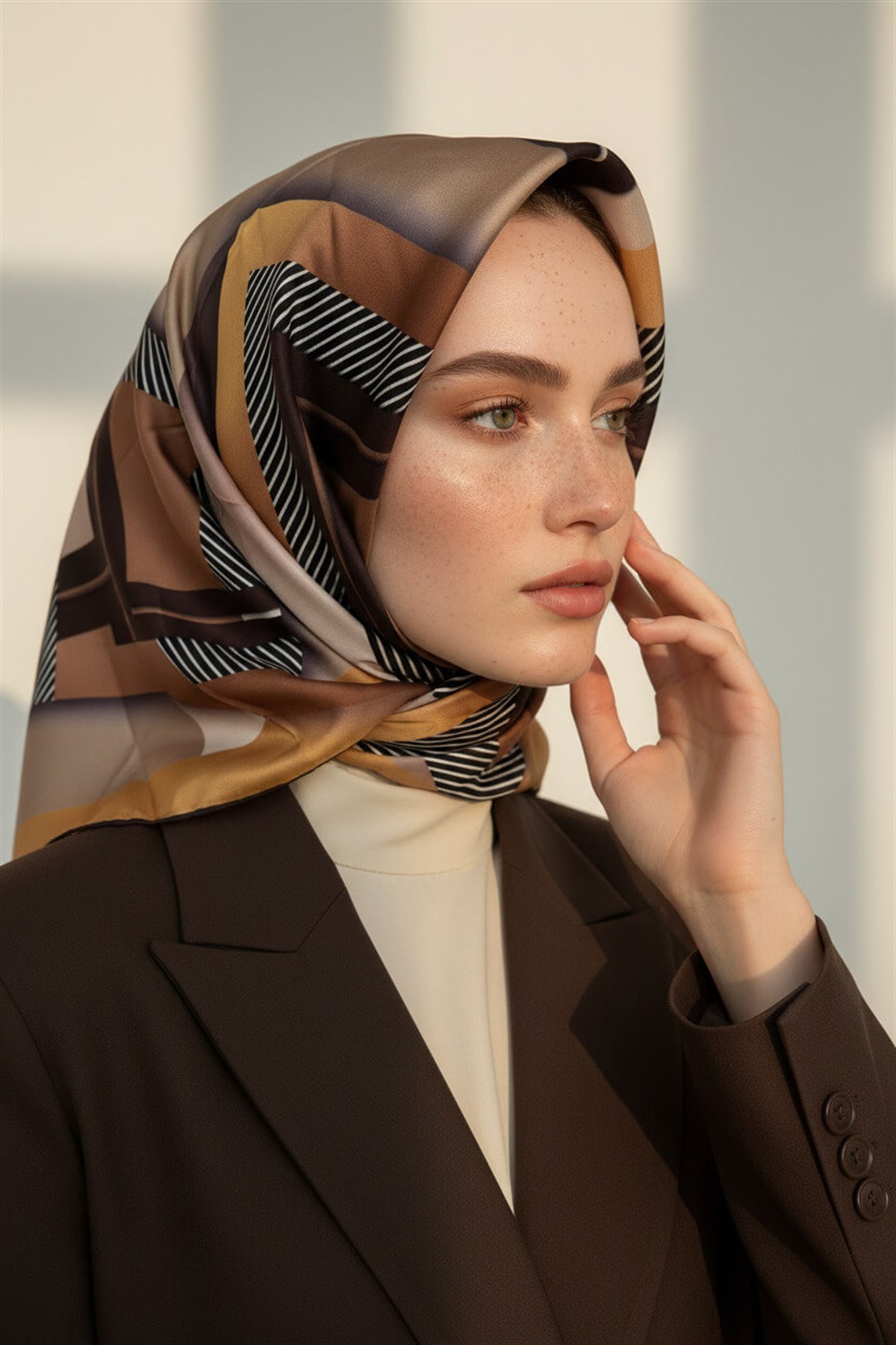 %100 Twill İpek Zebra Desenli Bej - Gold Renkli 90x90 Eşarp Dikim Şekli : El Dikişi