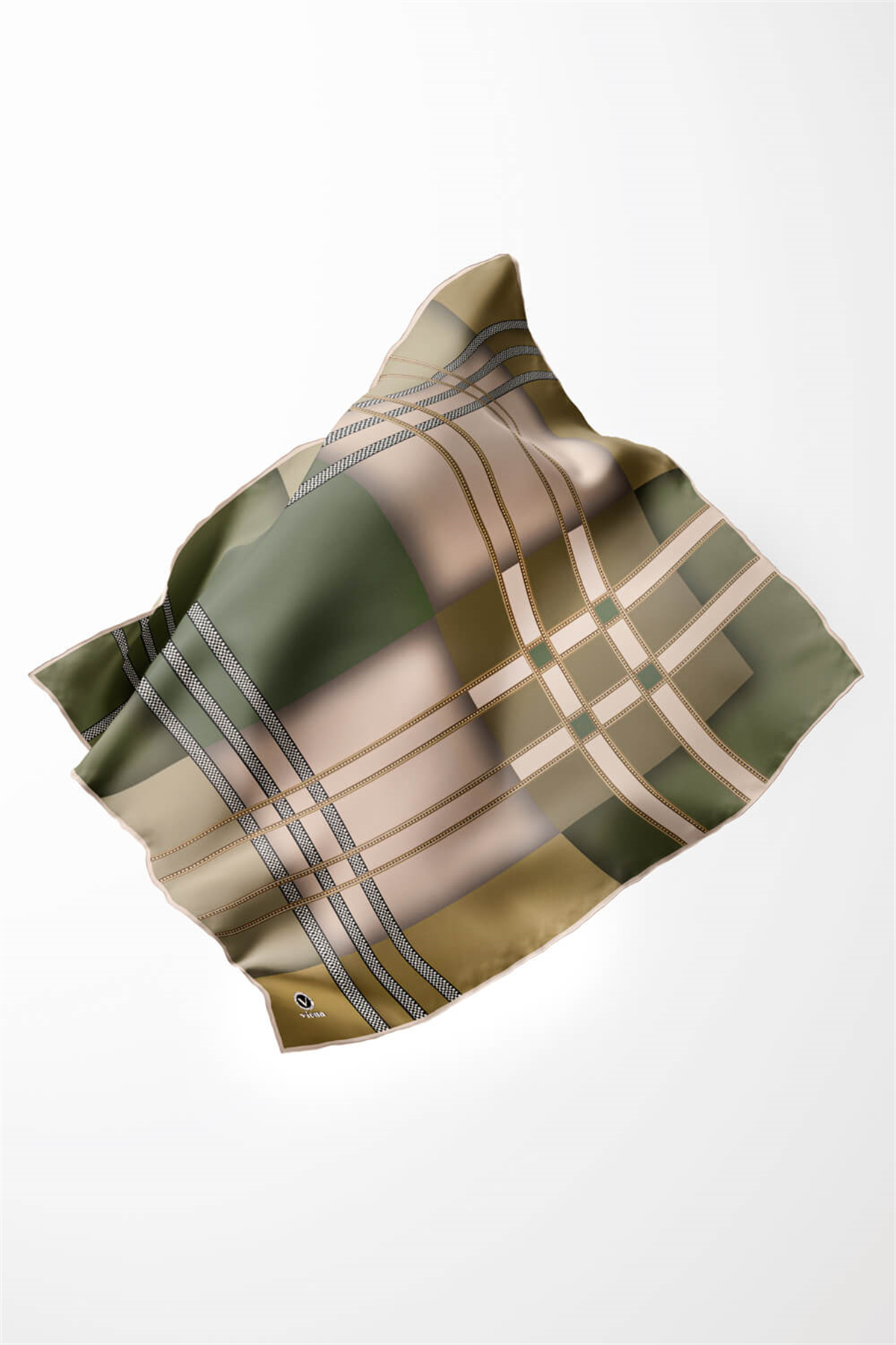 Twill Geometrik Desenli Zümrüt Yeşili - Haki Yeşili Renkli 90x90 Eşarp (İpek İçermez) Kenar Dikiş Şekli El Dikişli