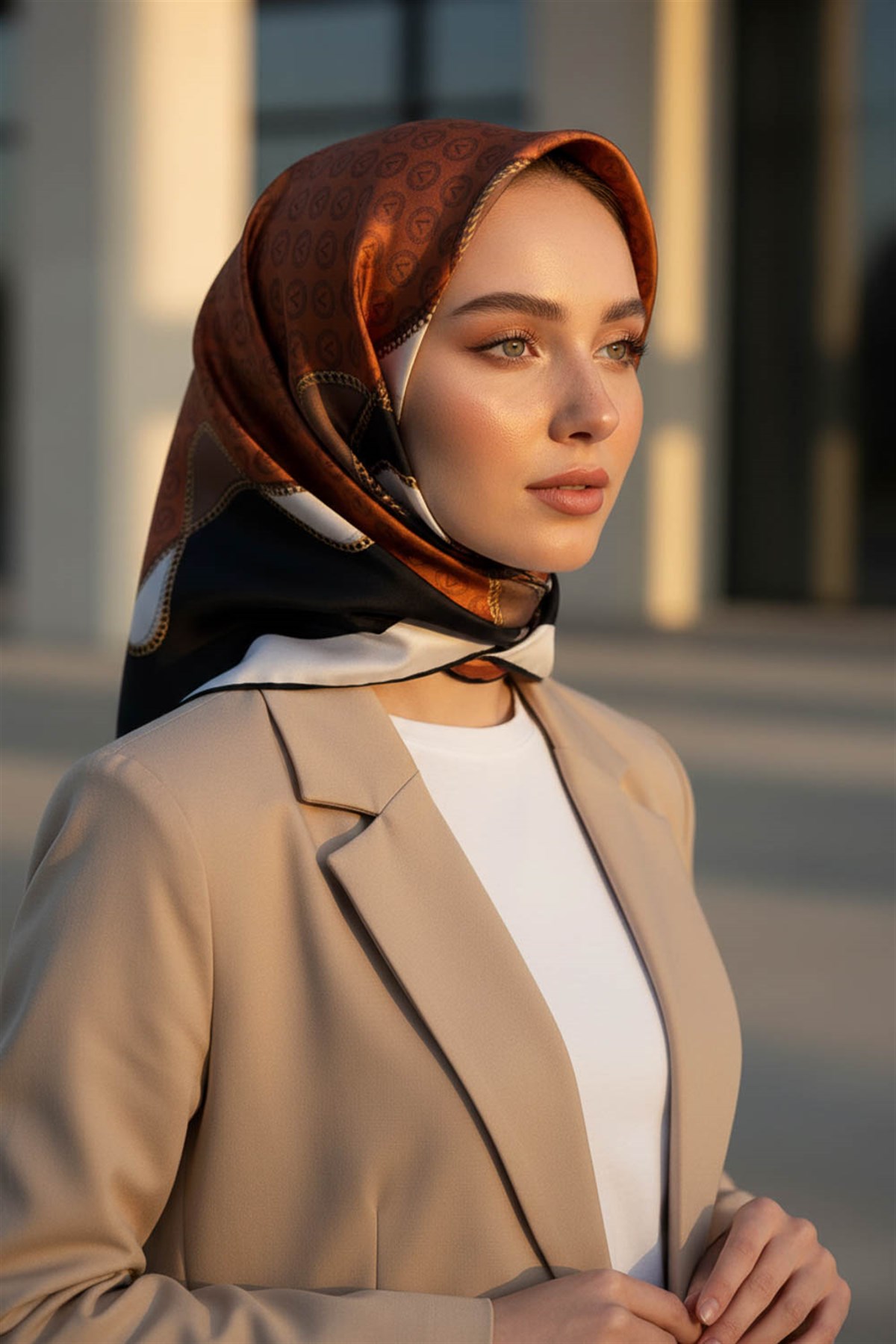 %100 Twill İpek Zincirli Ve Monogram Desenli Taba - Siyah Renkli 90x90 Eşarp Dikim Şekli : El Dikişi