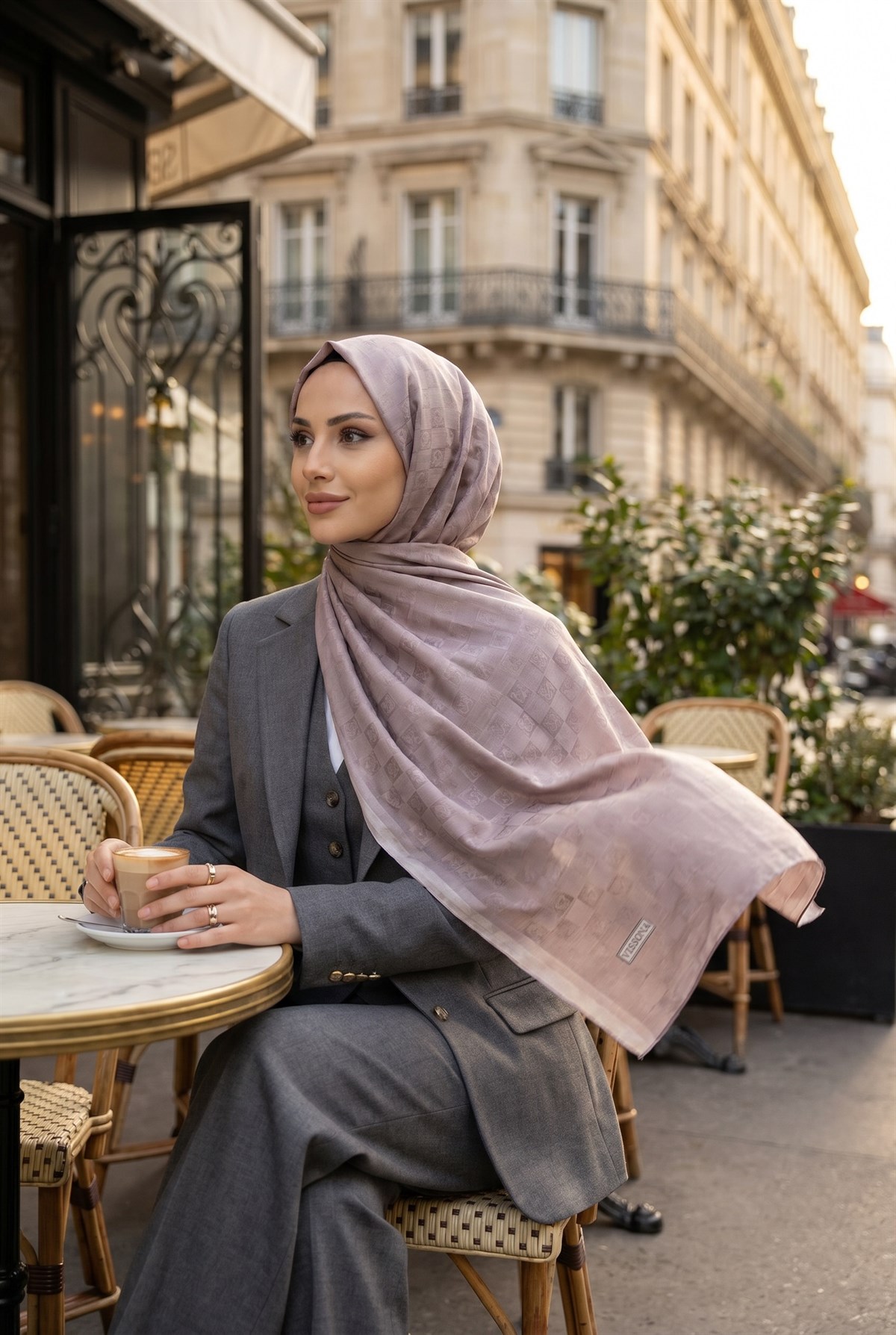 %57 İpek %43 Pamuk Monogram Dokumalı Vizon Renkli 70X190 Yumuşak Dökümlü Şal