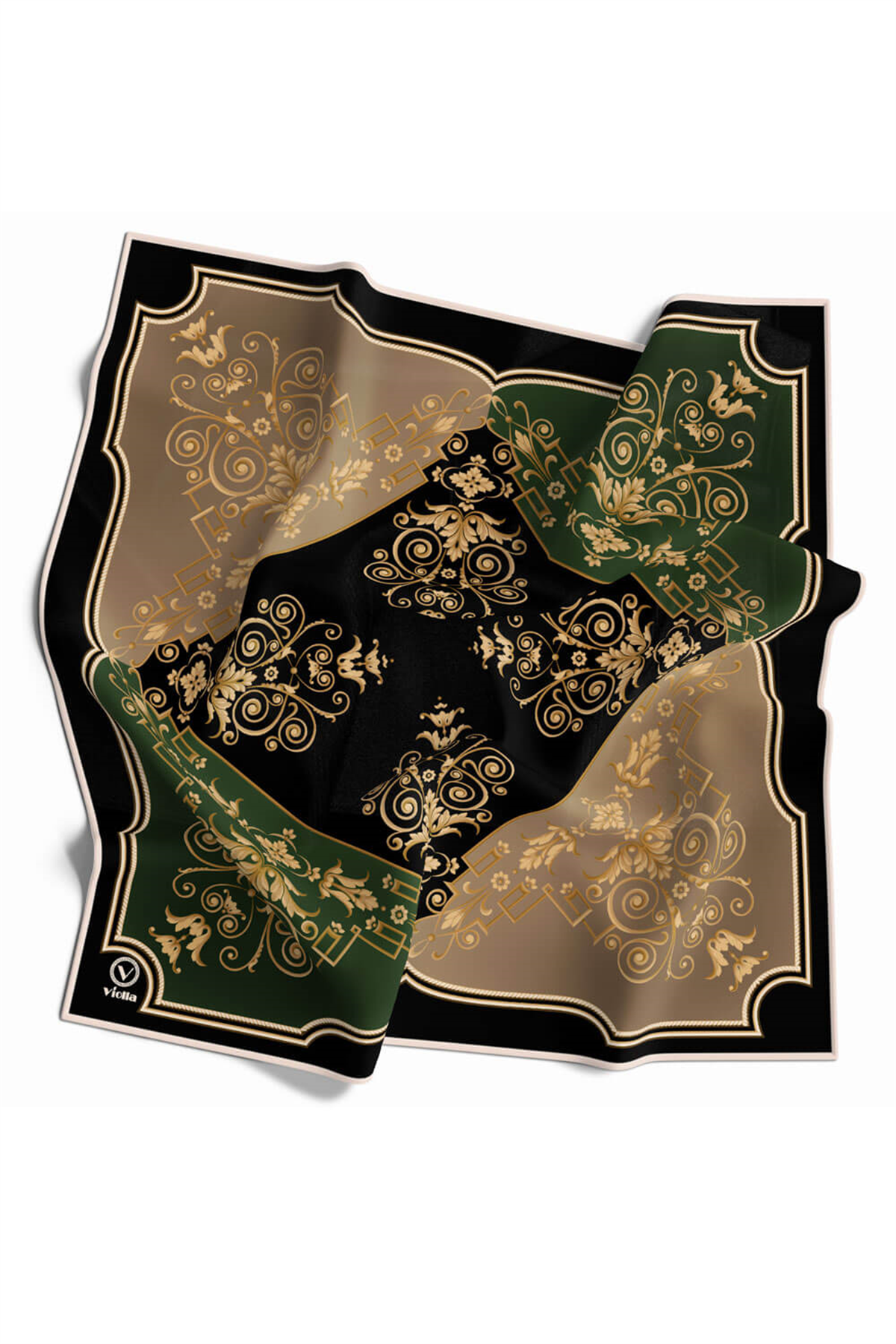Twill Gold Desenli Zümrüt Yeşili Renkli 90x90 Eşarp (İpek İçermez) Kenar Dikiş Şekli El Dikişli