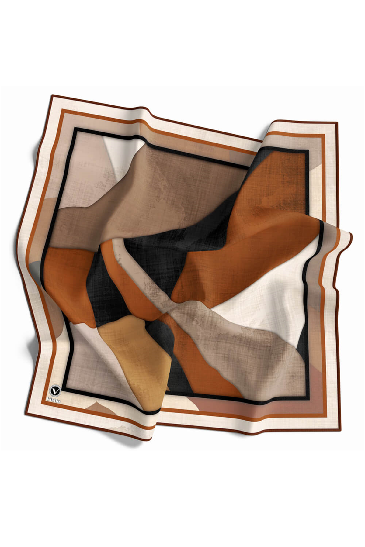Twill Geometrik Desenli Taba Renkli 90x90 Eşarp (İpek İçermez) Kenar Dikiş Şekli El Dikişli