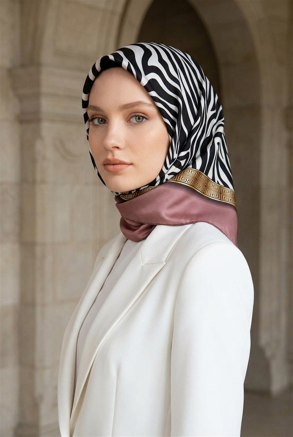 %100 Twill İpek Zebra Desenli Pudra - Gold Renkli 90x90 Eşarp Dikim Şekli : El Dikişi