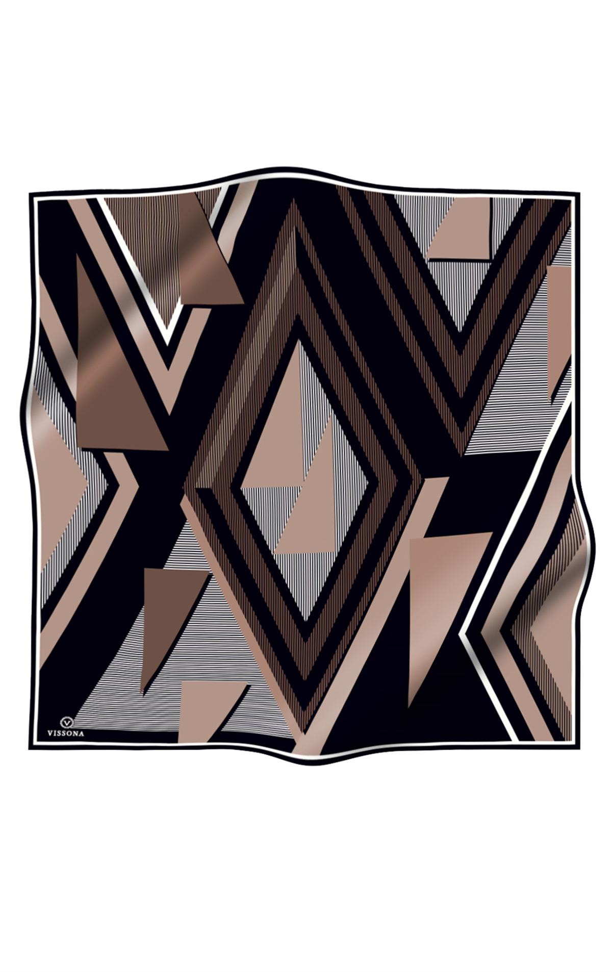 % 57 İPEK % 43 VİSKON Twill İpek Geometrik Desenli Bej - Siyah Renkli 90x90 Eşarp Dikim Şekli : El Dikişi