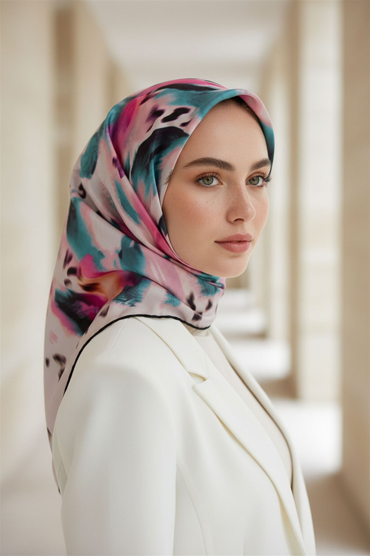 %100 Twill İpek Batik Desenli Fuşya - Petrol Yeşili Renkli 90x90 Eşarp Dikim Şekli : El Dikişi