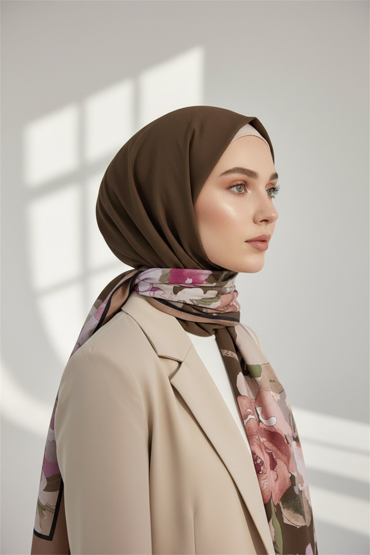 KREP ÇİÇEK DESENLİ KAHVERENGİ - MÜRDÜM RENKLİ 75X195 KIRIŞMAZ ŞAL
