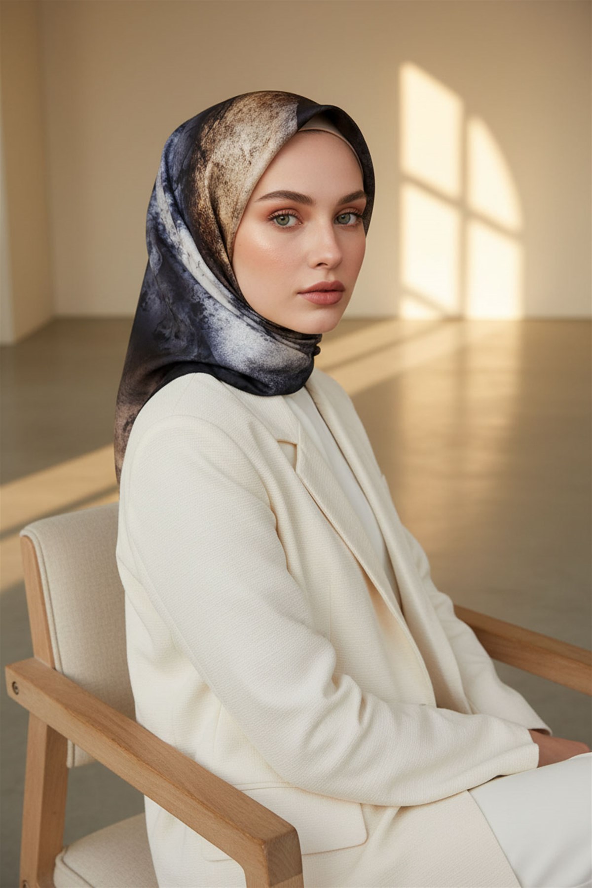 % 57 İPEK % 43 VİSKON Twill İpek Dokulu Ve Geometrik Desenli Bej - Gri Renkli 90x90 Eşarp Dikim Şekli : El Dikişi