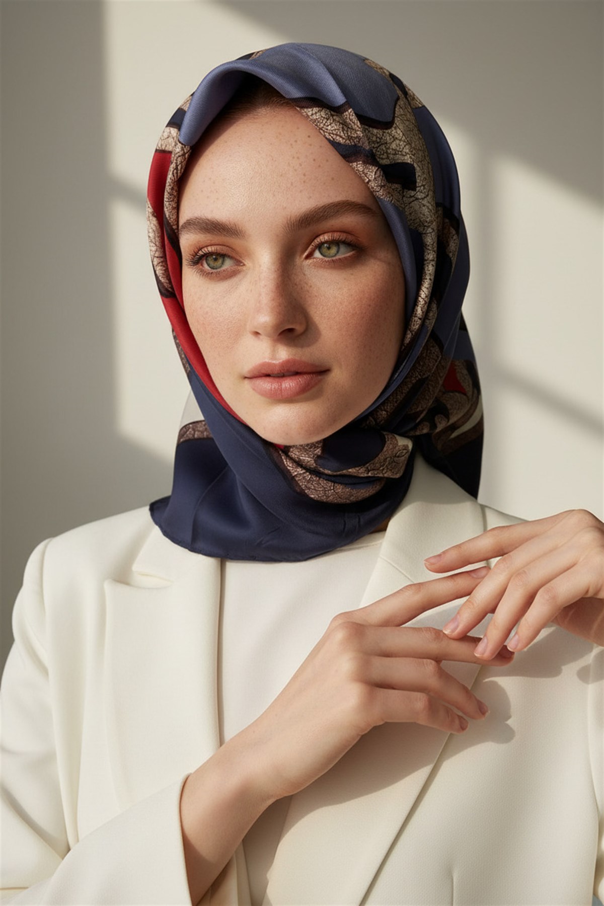 % 57 İPEK % 43 VİSKON Twill İpek Gold Efektli Geometrik Desenli Lacivert - Bordo Renkli 90x90 Eşarp Dikim Şekli : El Dikişi