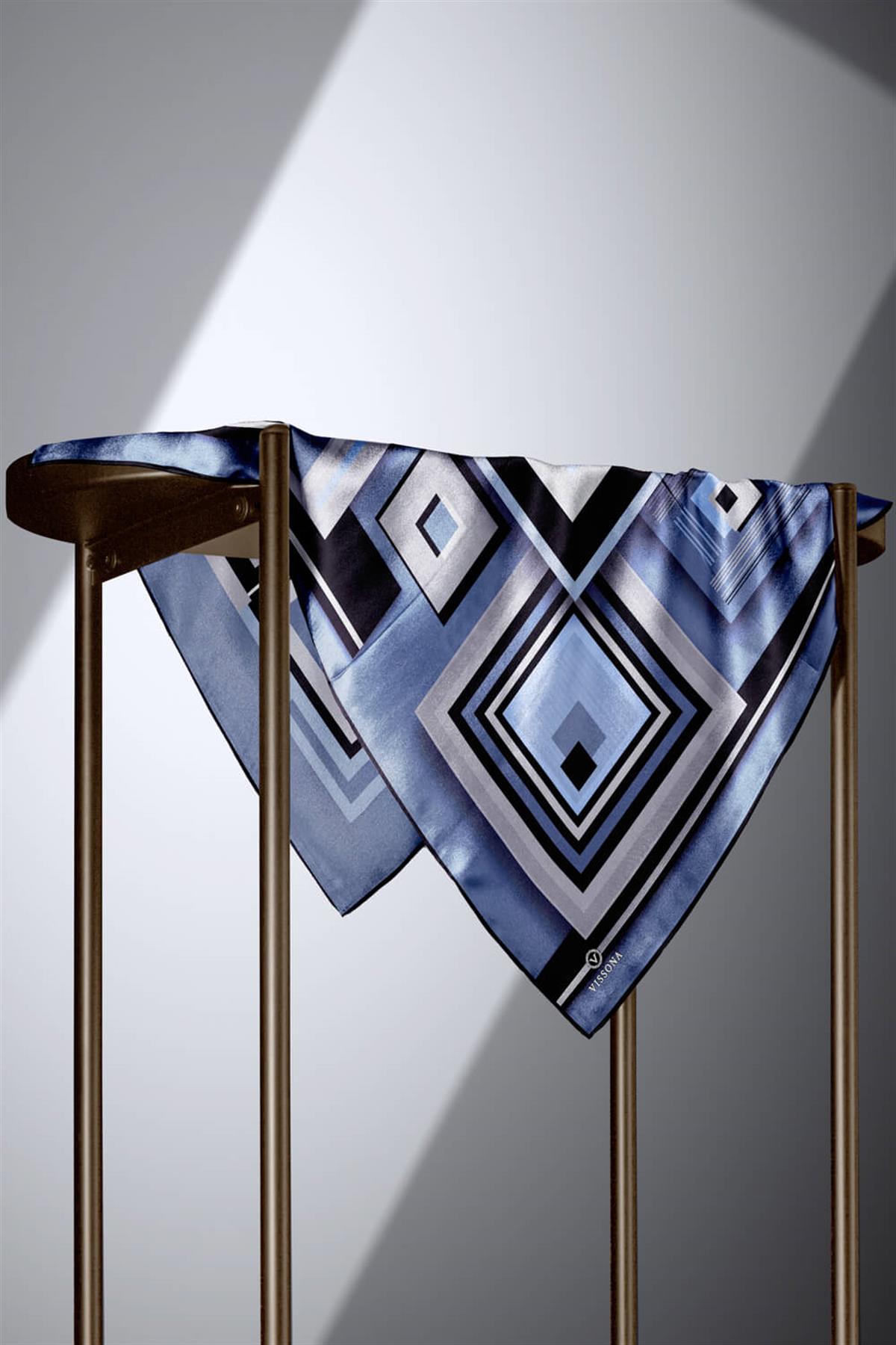 %100 Twill İpek Kare Desenli İndigo - Gri Renkli 90x90 Eşarp Kenar Dikiş Şekli El Dikişli