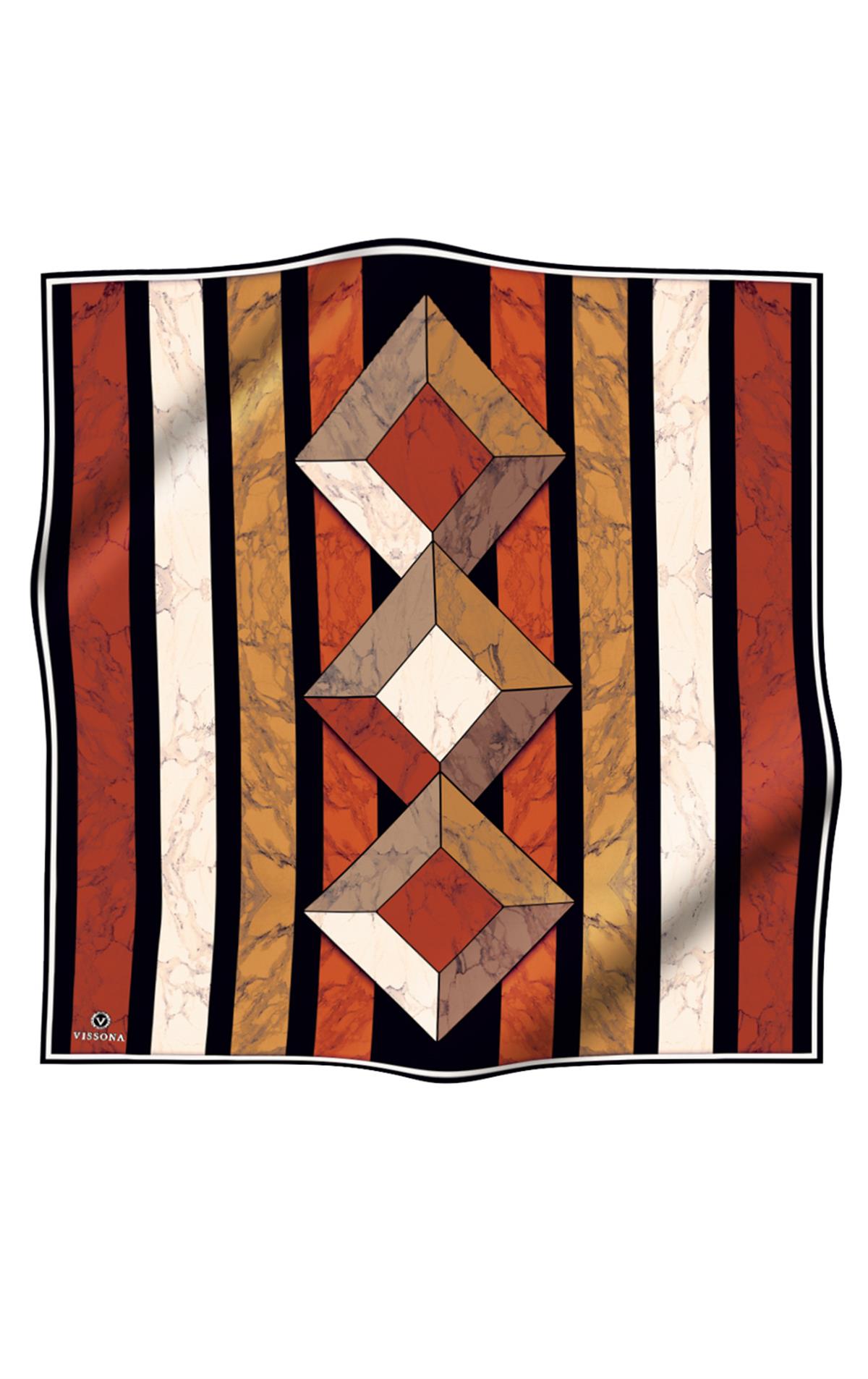 %100 Twill İpek Geometrik Mermer Desenli Siyah - Taba Renkli 90x90 Eşarp Dikim Şekli : El Dikişi