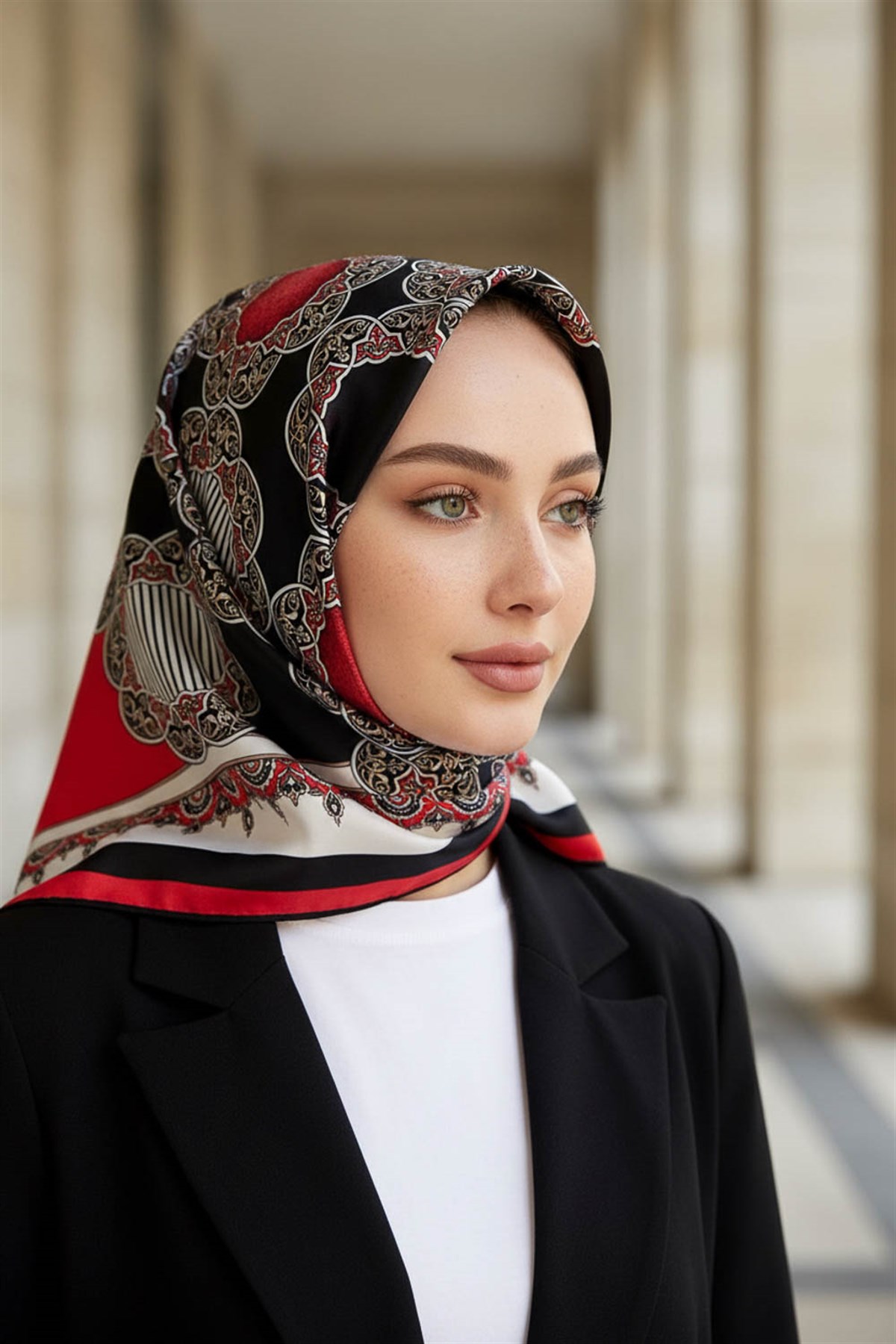 %100 Twill Türk Motifi  Desenli Siyah - Kırmızı Renkli 90x90 Eşarp Dikim Şekli: El Dikişi