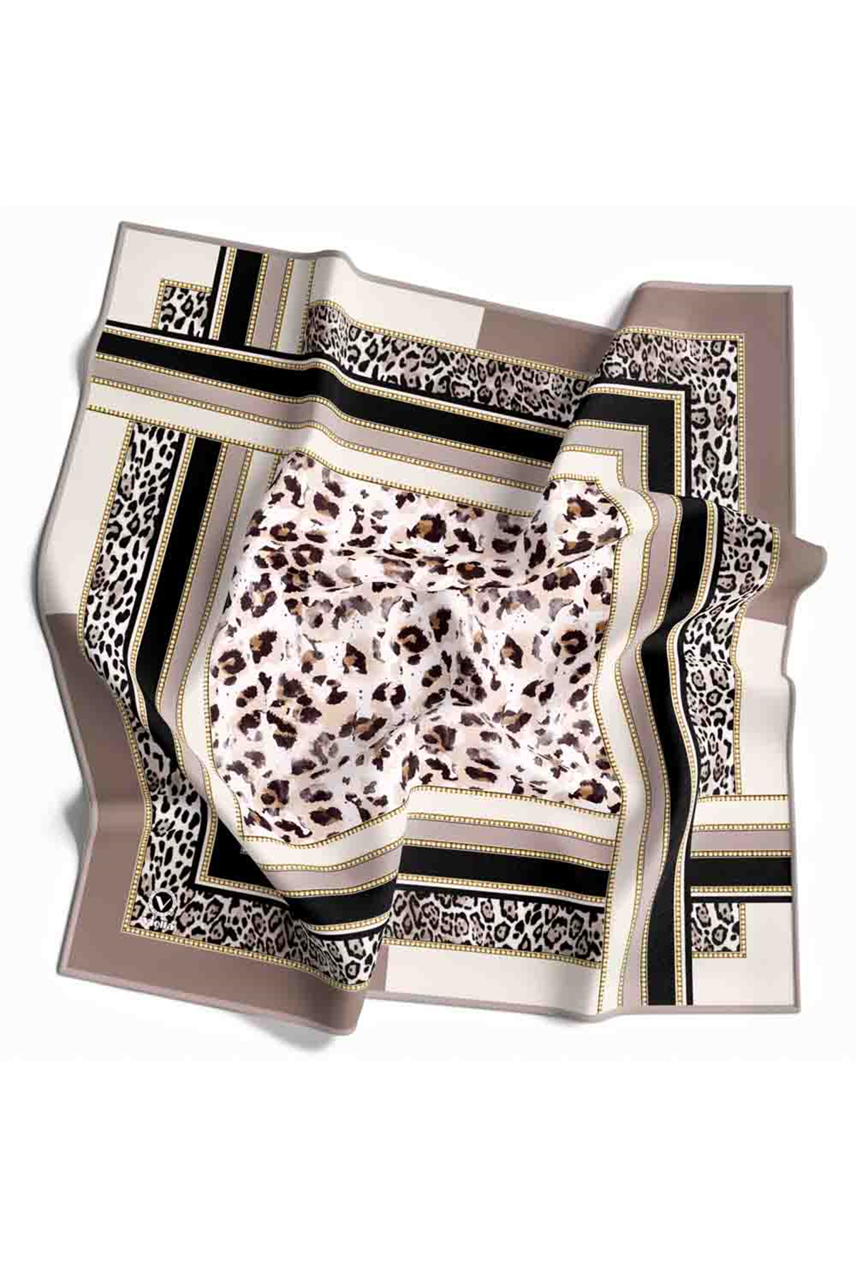 Twill Kemerli ve Leopar Desenli Bej Renkli 90x90 Eşarp (İpek İçermez) Dikim Şekli : El Dikişi