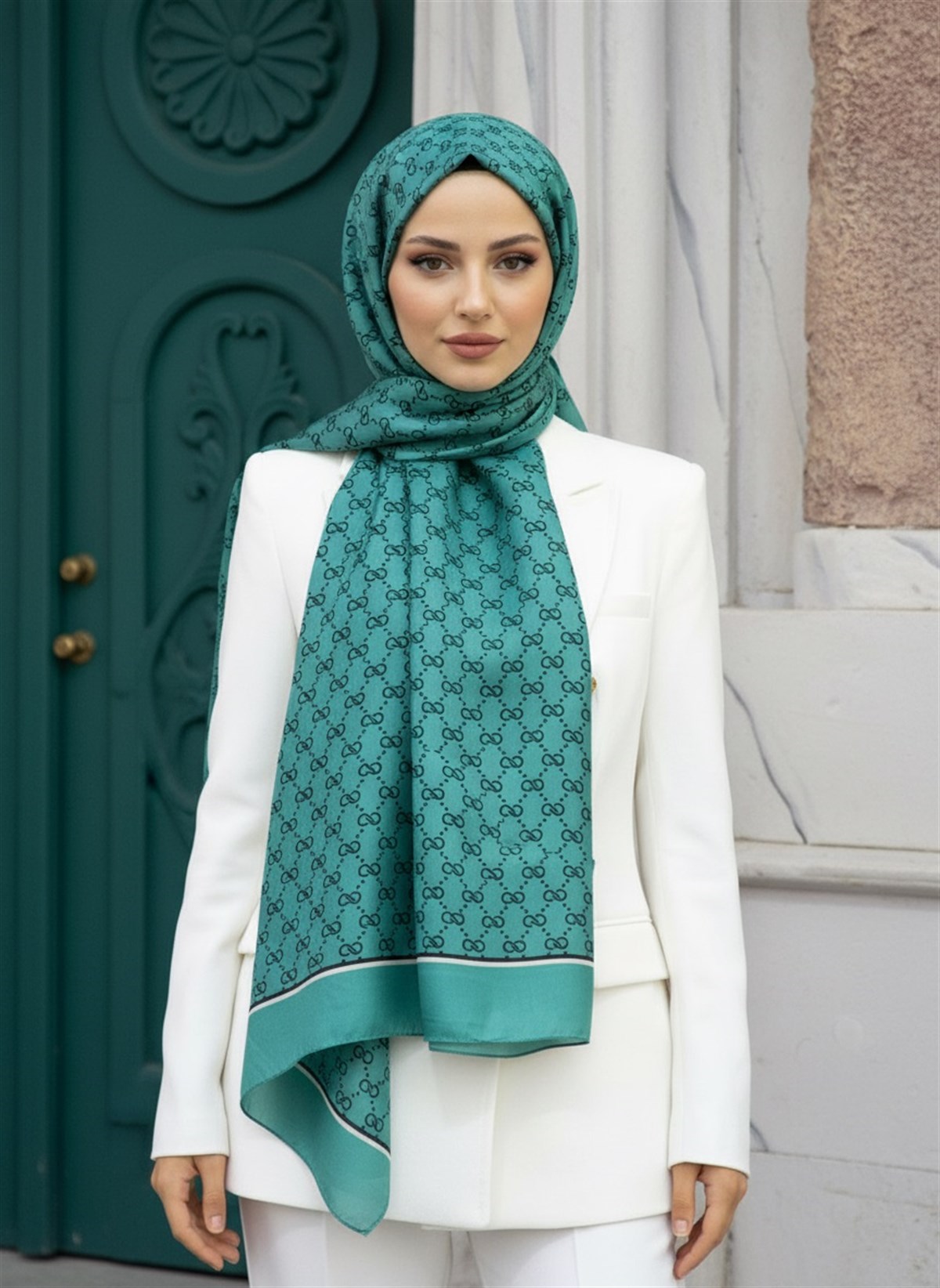 %100 İpek Minik Motif Desenli Petrol Yeşili Renkli 92x210 Şal